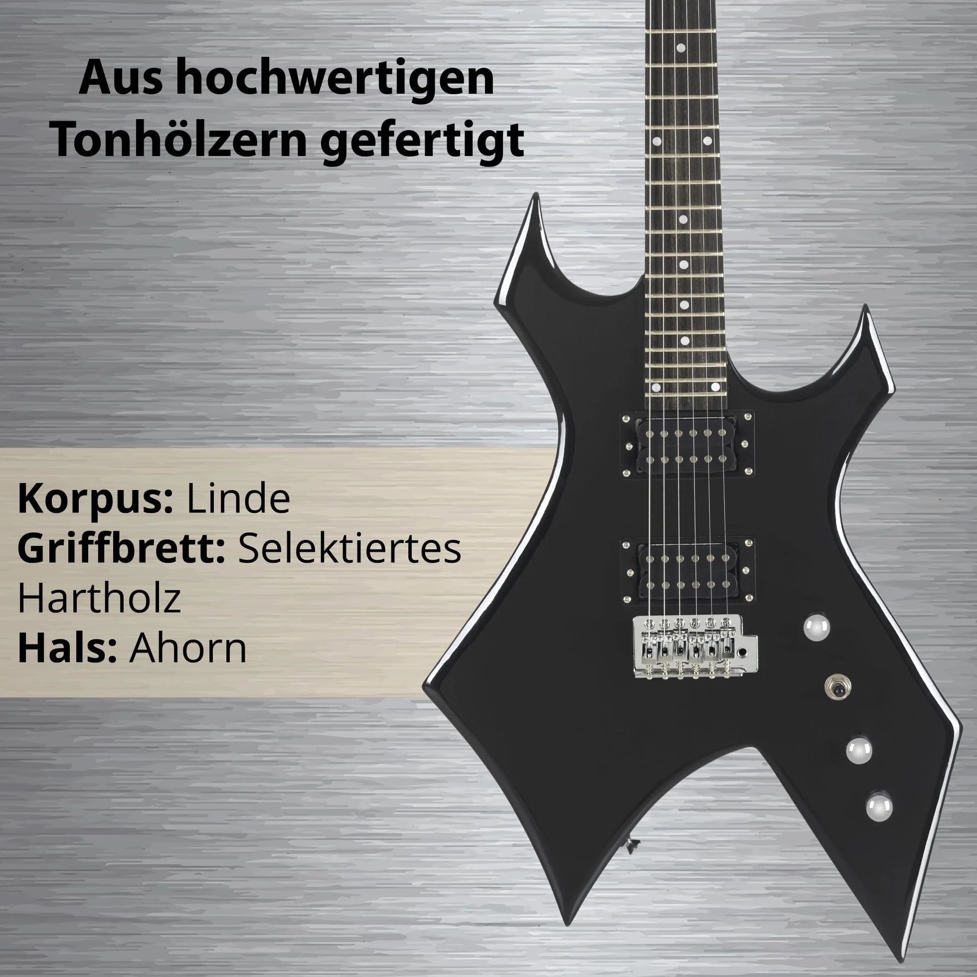 Rocktile Warhead E-Gitarre Set AK20GR - Korpus aus Linde, Griffbrett aus selektiertem Hartholz - Set inkl. 60W Combo-Verstärker & Instrumentenkabel 3m – Ideal für Rock, Metal & mehr – Schwarz