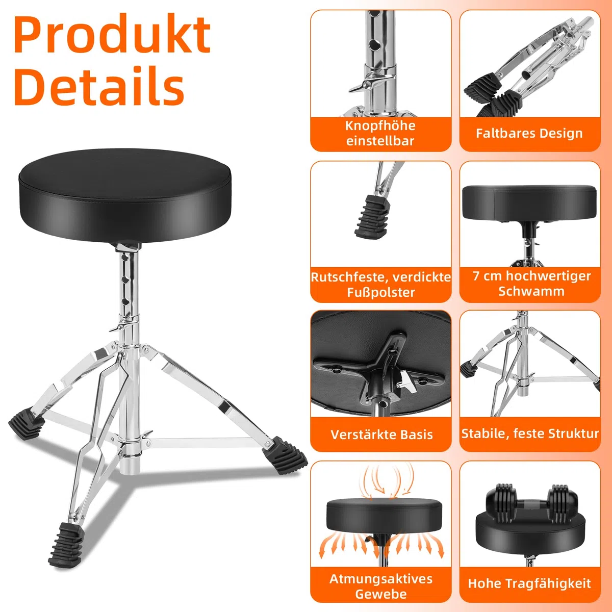 AKOZLIN Drumhocker mit gepolstertem Sitz, höhenverstellbar 38-55 cm | Runde Sitzfläche, Robustes Dreibeingestell, Rutschfeste Gummifüße, Klappbar, Für Schlagzeuger, Percussionisten und Keyboarder