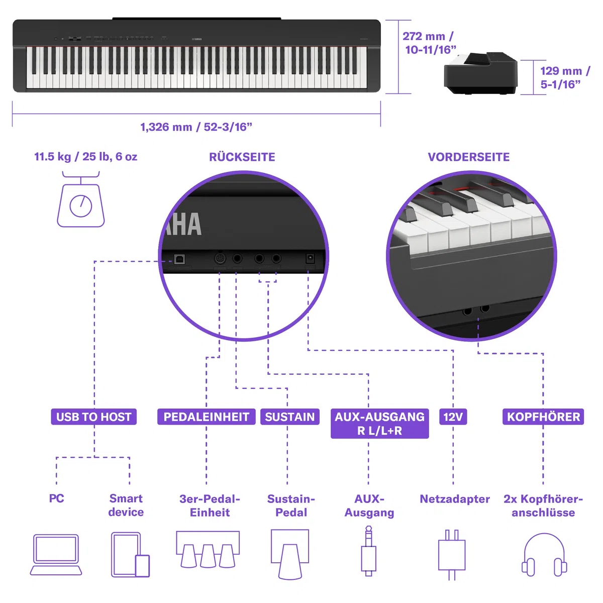 Yamaha P-225 Digital Piano Schwarz 88 gewichtete Tasten Graded-Hammer-Compact-Tastatur 24 Instrumentenklänge