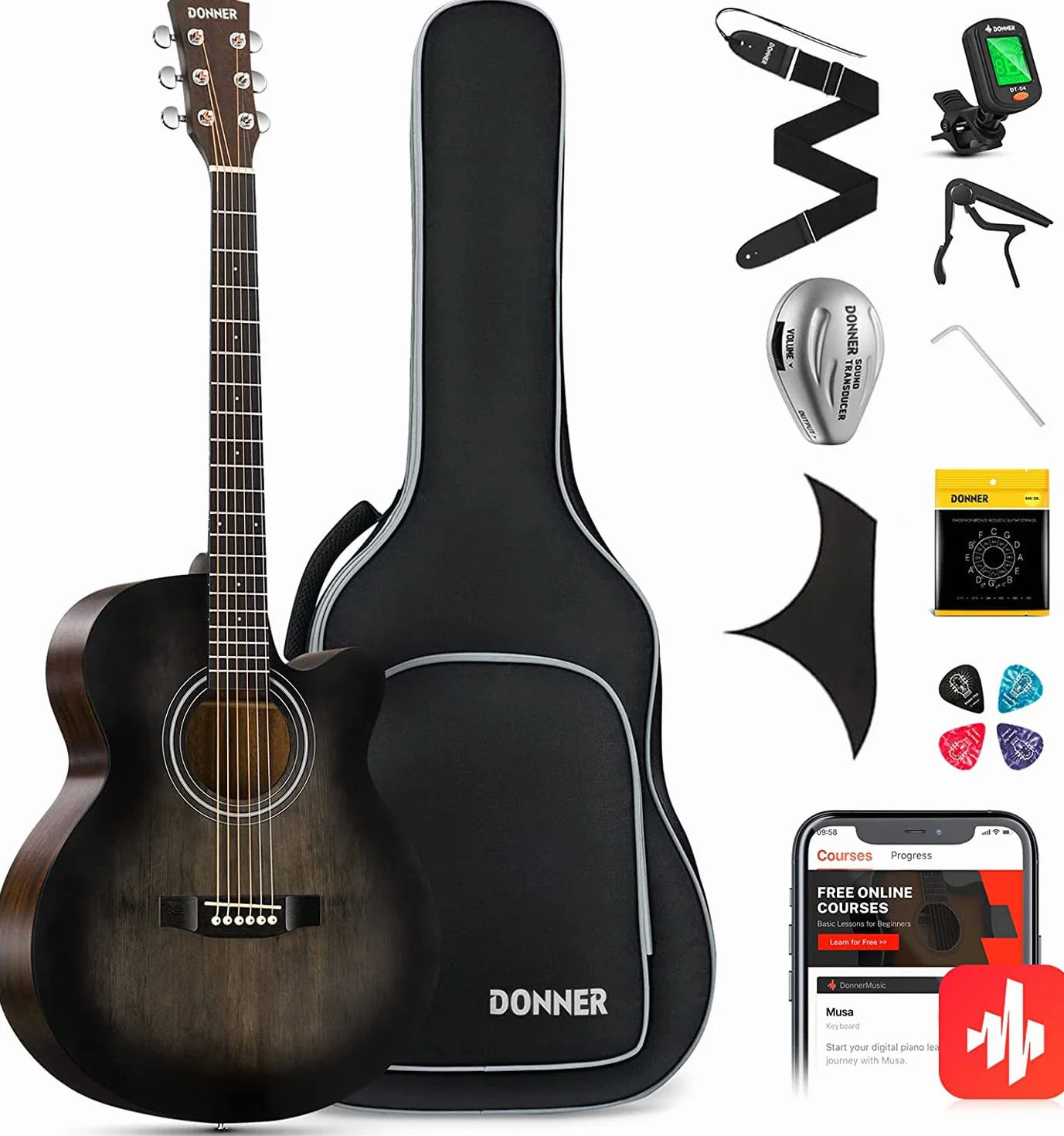 Donner Gitarre Akustik Anfänger Erwachsene Einsteiger Akustikgitarre 4/4 Mini Jumbo Cutaway Gitarren mit Tonabnehmer 6 Stahlsaiten Tasche Capo Plektren Gurt(Schwarz)