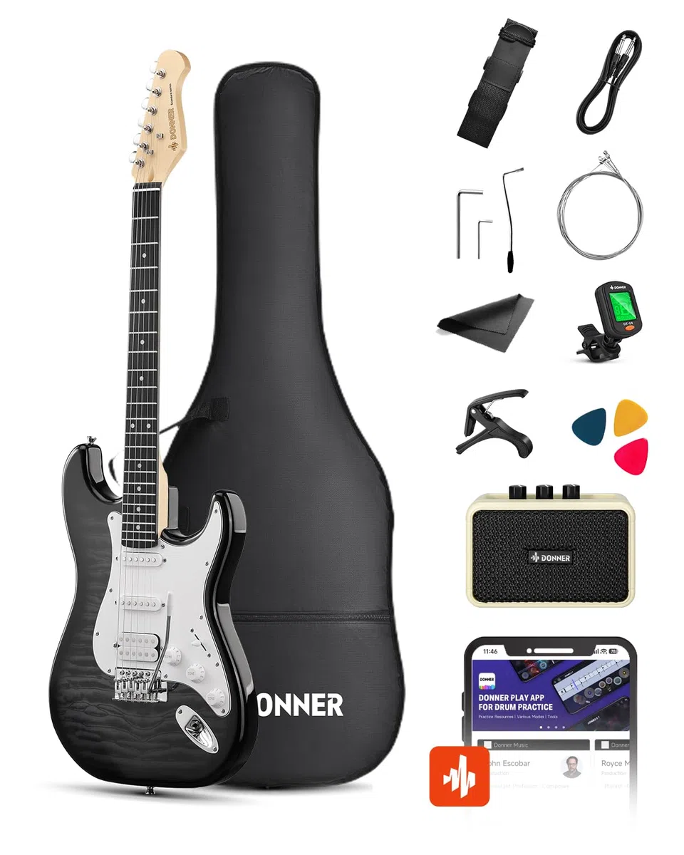 Donner DST-90 E-Gitarre Set 39 Zoll, Einsteiger E-Gitarren Komplettset mit Verstärker, HSS Tonabnehmer, Gigbag, Stimmgerät, Kapodaster, Gurt, Saiten, Kabel und Plektren, Black Burst