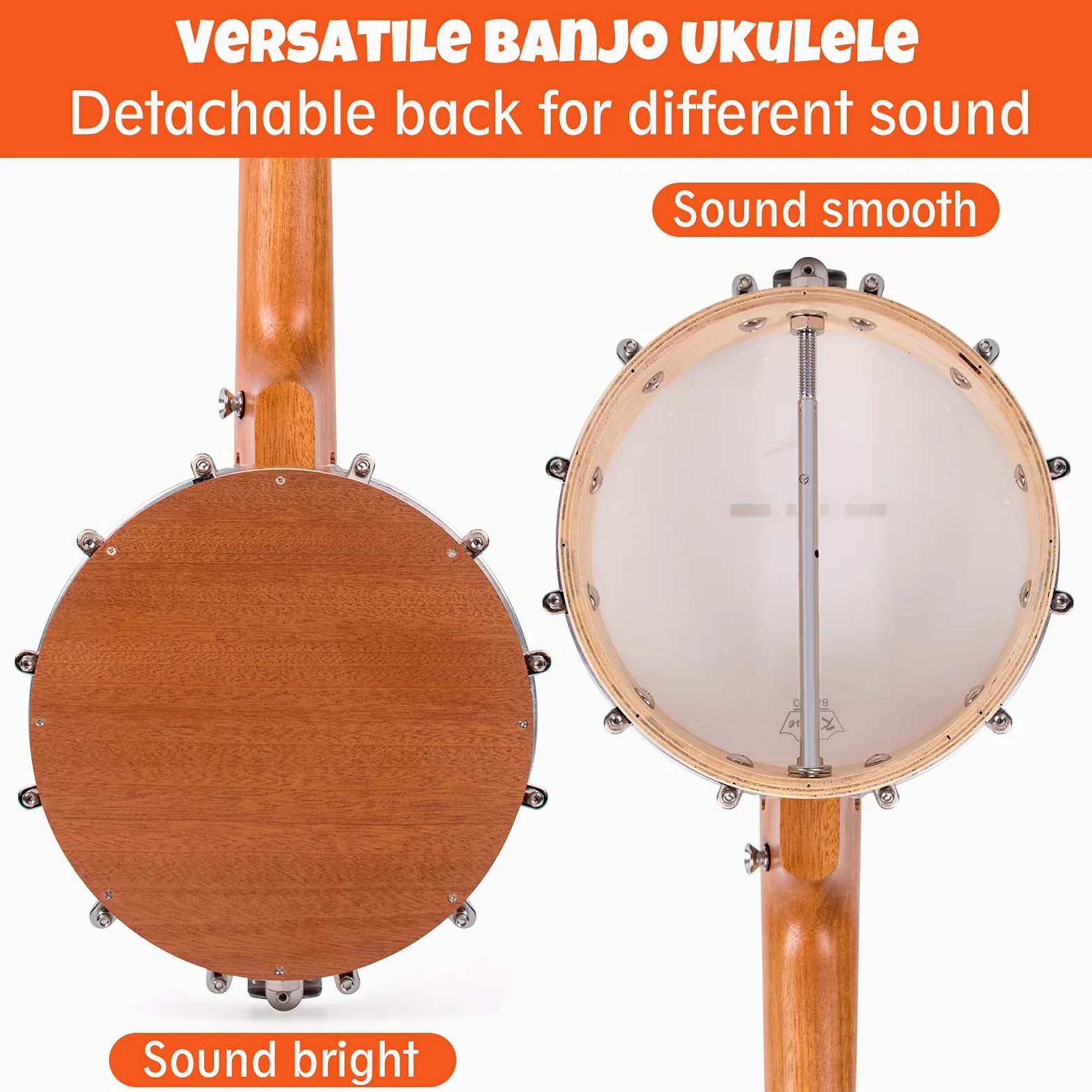 Banjo-Ukulele, Konzertgröße, 58,4 cm, mit Tasche, Stimmgerät, Gurt, Saiten, Tonabnehmer, Lineal, Schraubenschlüssel, Brücke (Beige)