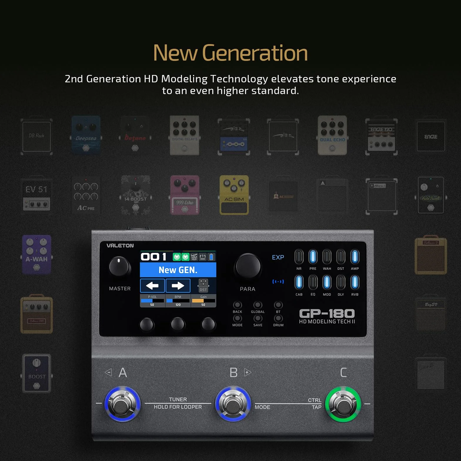 VALETON Multi-Effekt Prozessor mit HD-Modelling, 200+ Effekten, IR & NAM, Looper, Drum Machine, USB Audio Interface GP-180