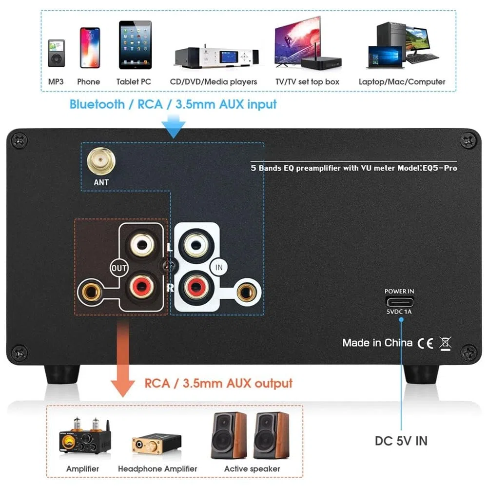 EQ5-PRO 5-Band EQ Equalizer mit BT-Empfänger, Stereo-Audio-Vorverstärker und VU-Meter, Metallgehäuse, Bluetooth 5.0, 100 Hz/400 Hz/800 Hz/4 kHz/10 kHz, Bypass-Modus, Balance-Regelu