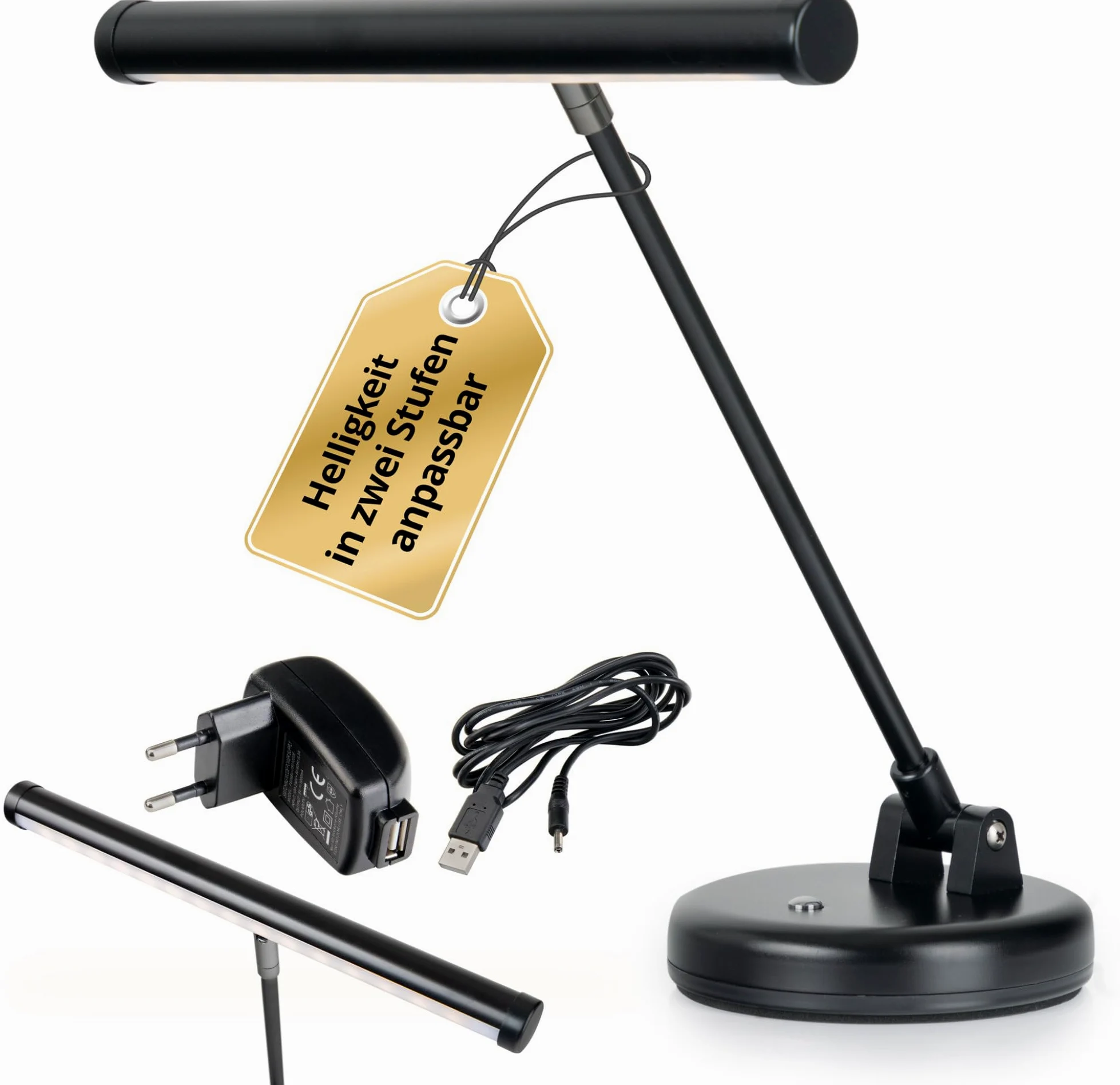 Showlite PL-1-BK-KW LED Klavierleuchte - Klavierlampe 15 LEDs warmweiß 2 Stufen 36 cm USB Netzstrom Batterie schwarz