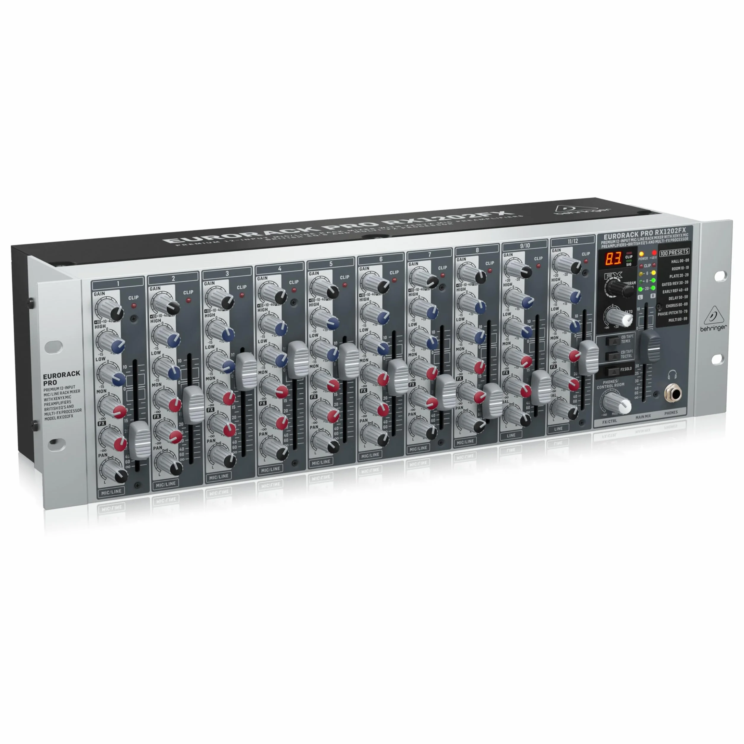 Behringer RX1202FX V2 Premium 12-Eingangs-Mikrofon/Line-Rack-Mixer mit XENYX-Mikrofonvorverstärkern, britischen EQs und Multi-FX-Prozessor