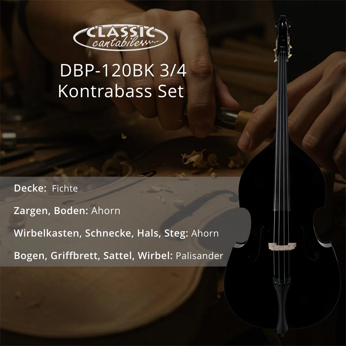 Classic Cantabile DBP-120BK 3/4 Kontrabass Set – Gesperrte Fichtendecke, Boden & Zargen aus gesperrtem Ahorn, Palisanderbogen & Griffbrett - höhenverstellbarer Stachel - Inkl. Tasche & Kolofonium
