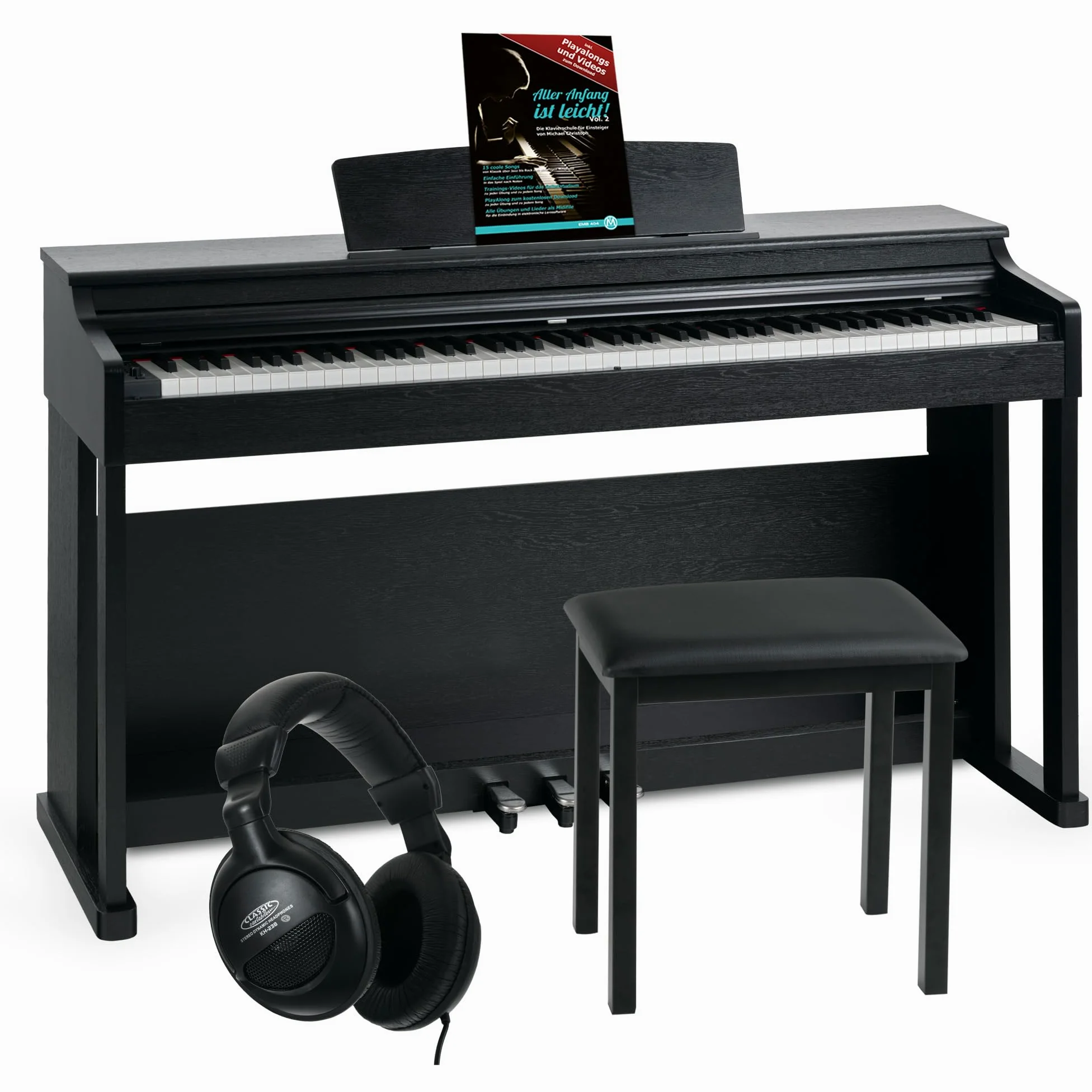 McGrey DP-19 SM E-Piano Set - 88 gewichtete Tasten mit Hammermechanik und Anschlagdynamik - 8 Klänge - Tastaturabdeckung - inkl. Klavierbank, Kopfhörer und Klavierschule - Schwarz matt