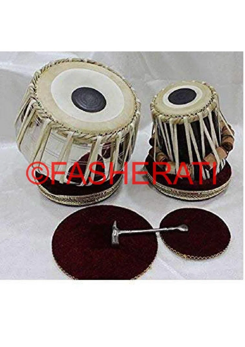 Fasherati Tabla Set/Musical Nut/Bolt Tuned Tabla Set, Brass Chrome Bayan, 2.5 kg, Handmade from India with Cushions (White)-Sheesham