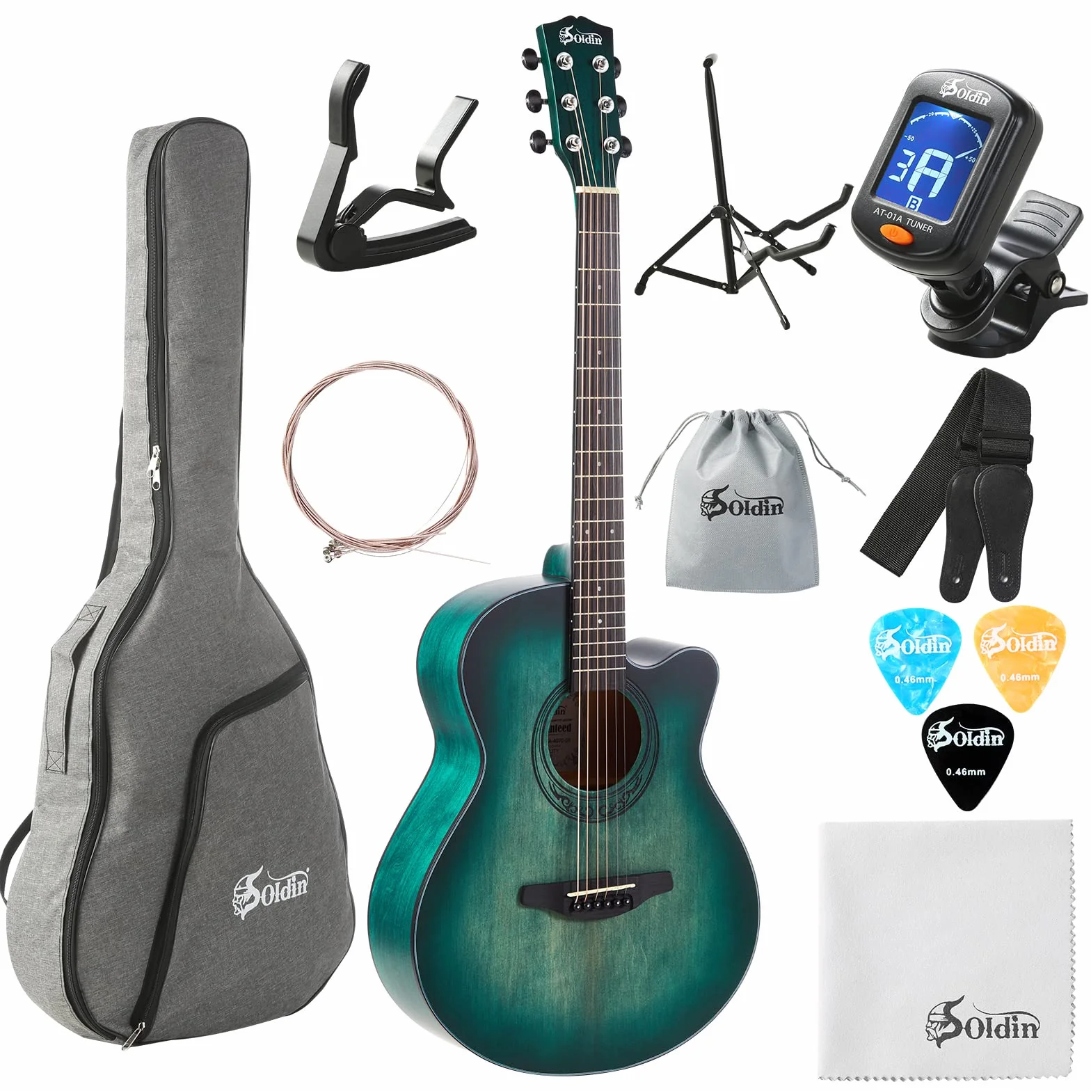 40 Zoll Akustikgitarre Premium Massive Fichtendecke Guitarre Bundle Kit mit Gigbag,Gitarrenständer,Stimmgerät,Gurt,Kapodaster,Saiten,Reinigungstuch und Plektren (Nilblau)