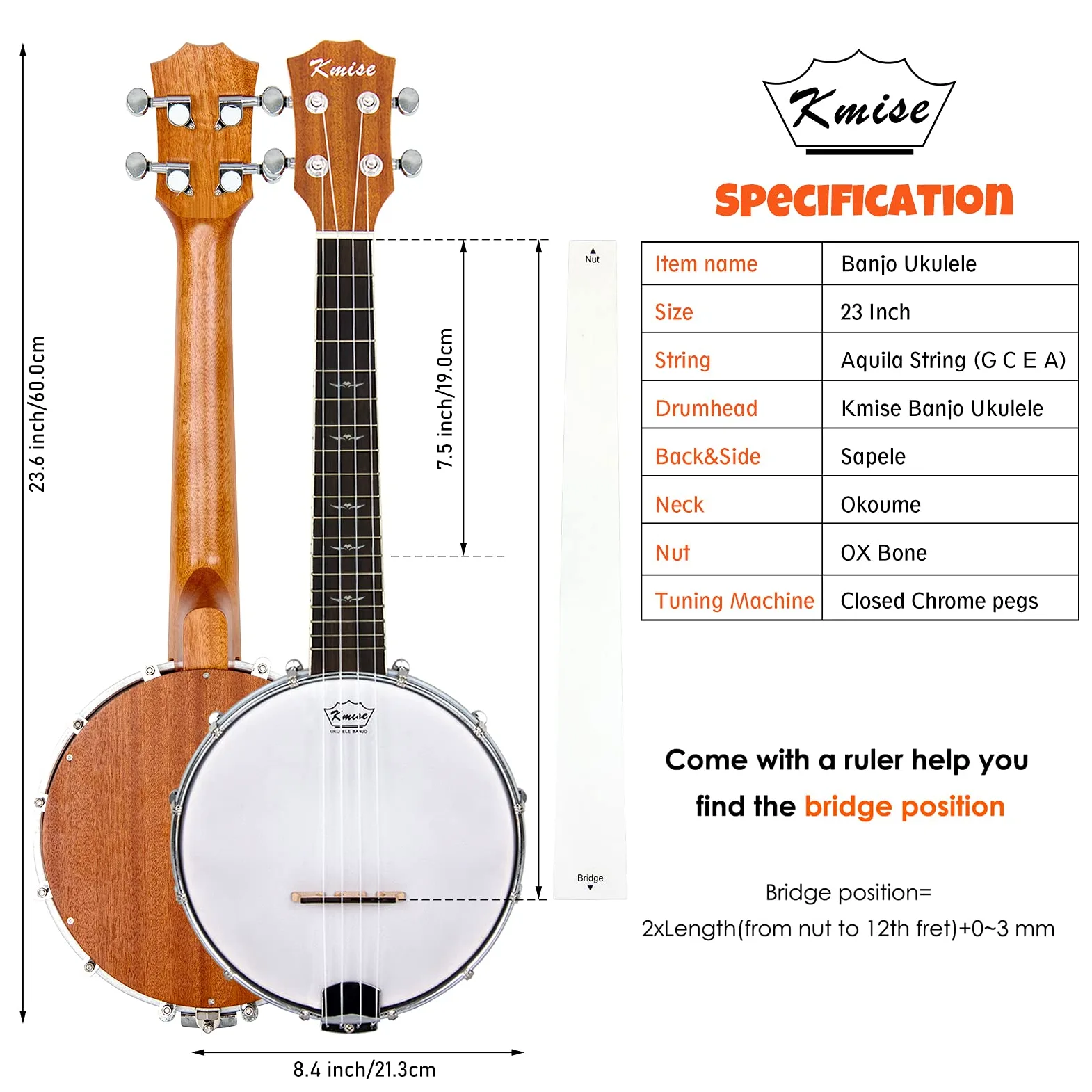Banjo-Ukulele, Konzertgröße, 58,4 cm, mit Tasche, Stimmgerät, Gurt, Saiten, Tonabnehmer, Lineal, Schraubenschlüssel, Brücke (Beige)