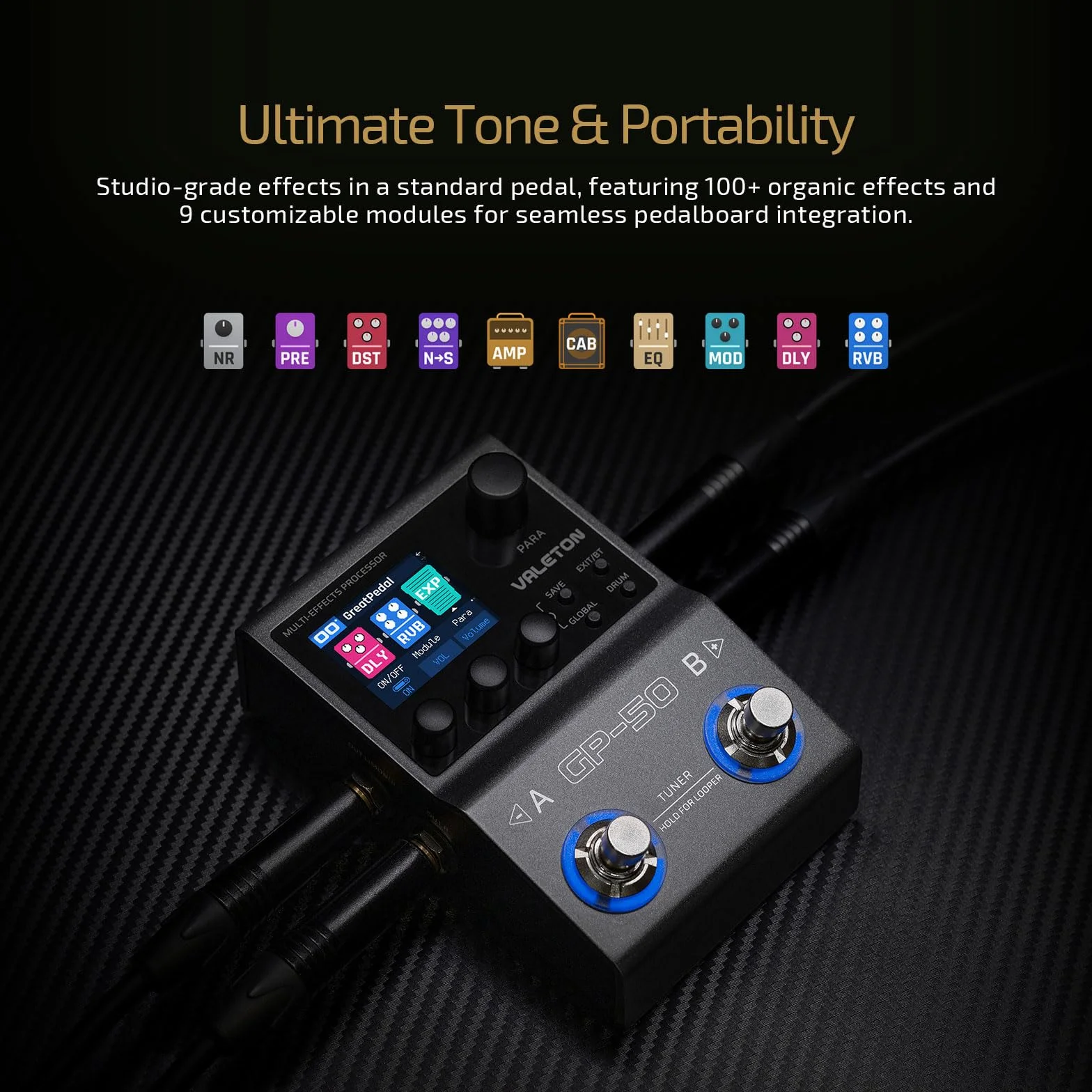 VALETON Multieffekt-Prozessor & NAM/IR Loader mit 100+ HD Effekten, 9 Module gleichzeitig, BT-App, 100 Patch-Slots für Gitarre & Bass GP-50