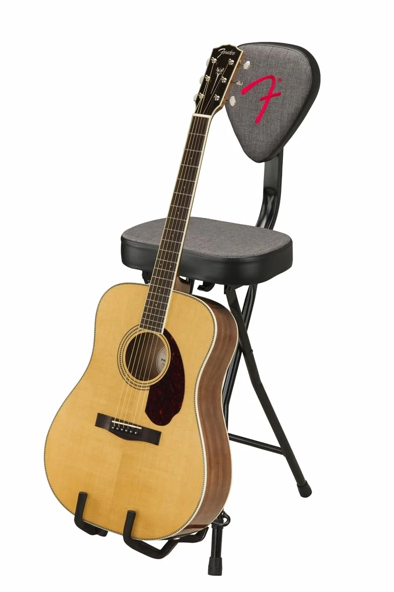 Fender 351 Sitz- und Gitarrenständer-Kombination, Zusammenklappbares Design, Abnehmbare Rückenlehne, Grauer Tweed-Stoff, rutschfeste Füße