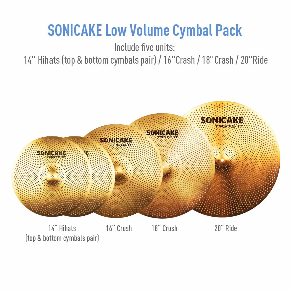 SONICAKE Cymbal Set Low Volume 14" HiHat 16" Crash 18" Crash 20" Ride Beckenset Golden 5 Stücke mit Tasche