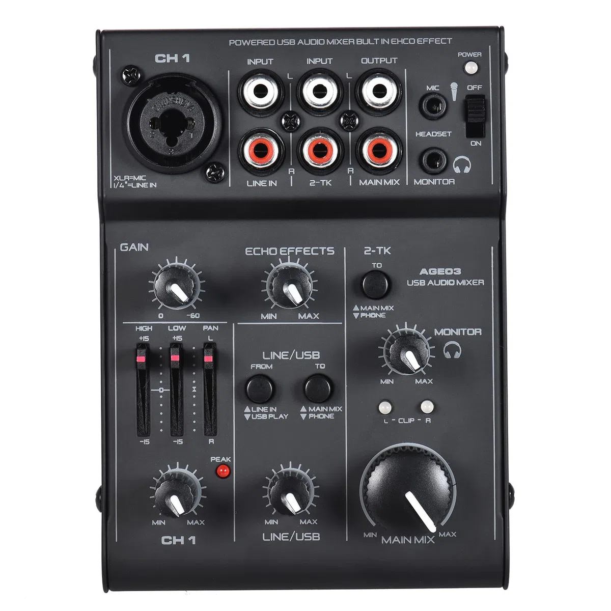 AGE03 5-Kanal Mini Mic-Line Mischpult USB Audio Interface Mixer mit eingebautem Echo-Effekt USB Verstärktes DJ Netzwerk für Aufnahme Live Streaming Karaoke