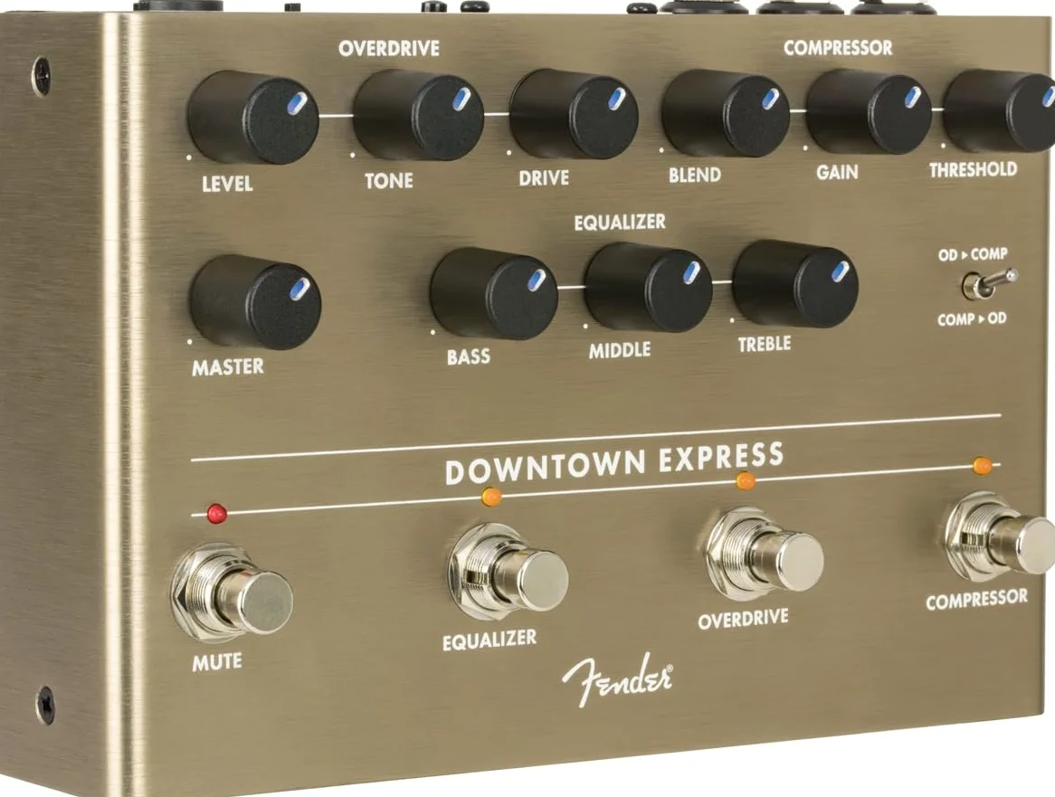 Fender Downtown Express Bass Multi-Effektpedal, Kompressor, Overdrive, 3-Band EQ, Direktausgang, LED-beleuchtete Regler, Effektreihenfolge-Umschalter