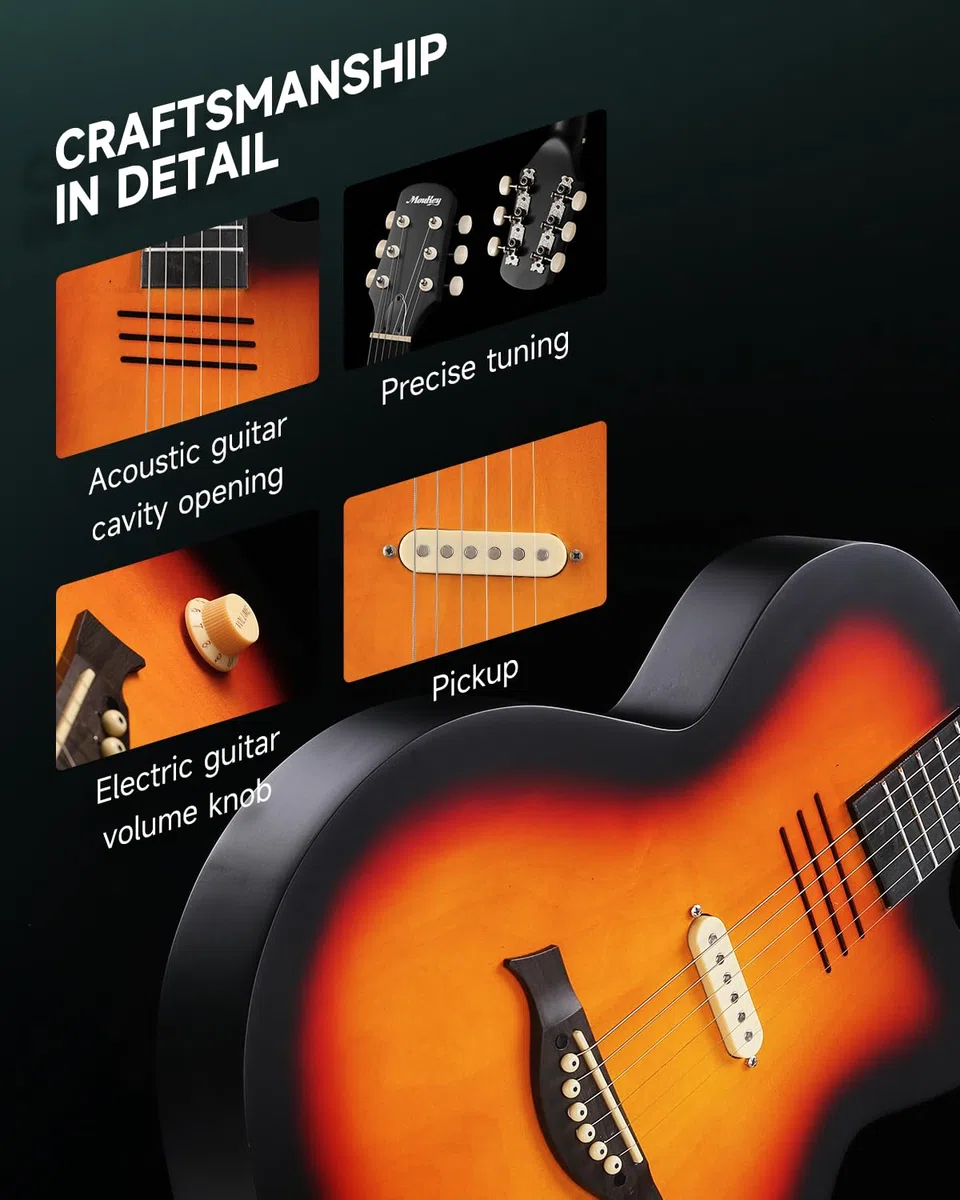 Moukey BCC-100 39 Zoll Akustik-E-Gitarre, Cutaway-Gitarre mit passivem Tonabnehmer, Gigbag, Gurt, Plektren, Stimmgerät und Kapodaster, Dual-Akustik- und Elektro-Modus, Sunburst