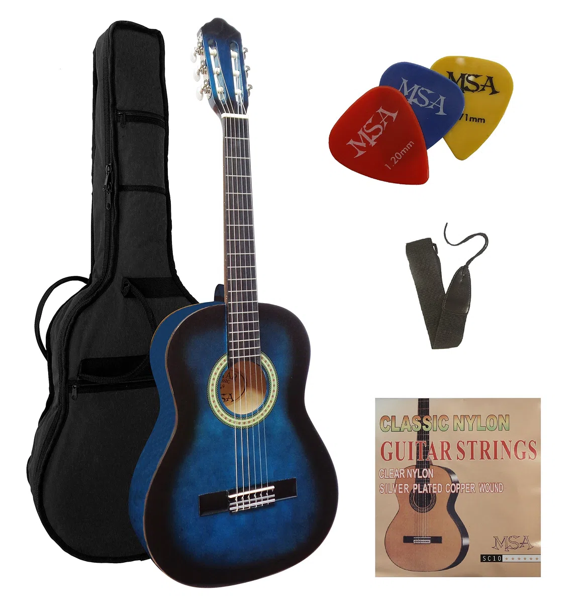 1/2 GITARRE - KONZERTGITARRE IM SET - KINDERGITARRE - CLASSIC - BLAU - SCHATTIERT - DECKE LINDENHOLZ - TASCHE - BAND - SAITEN - 3xPIKS - J2