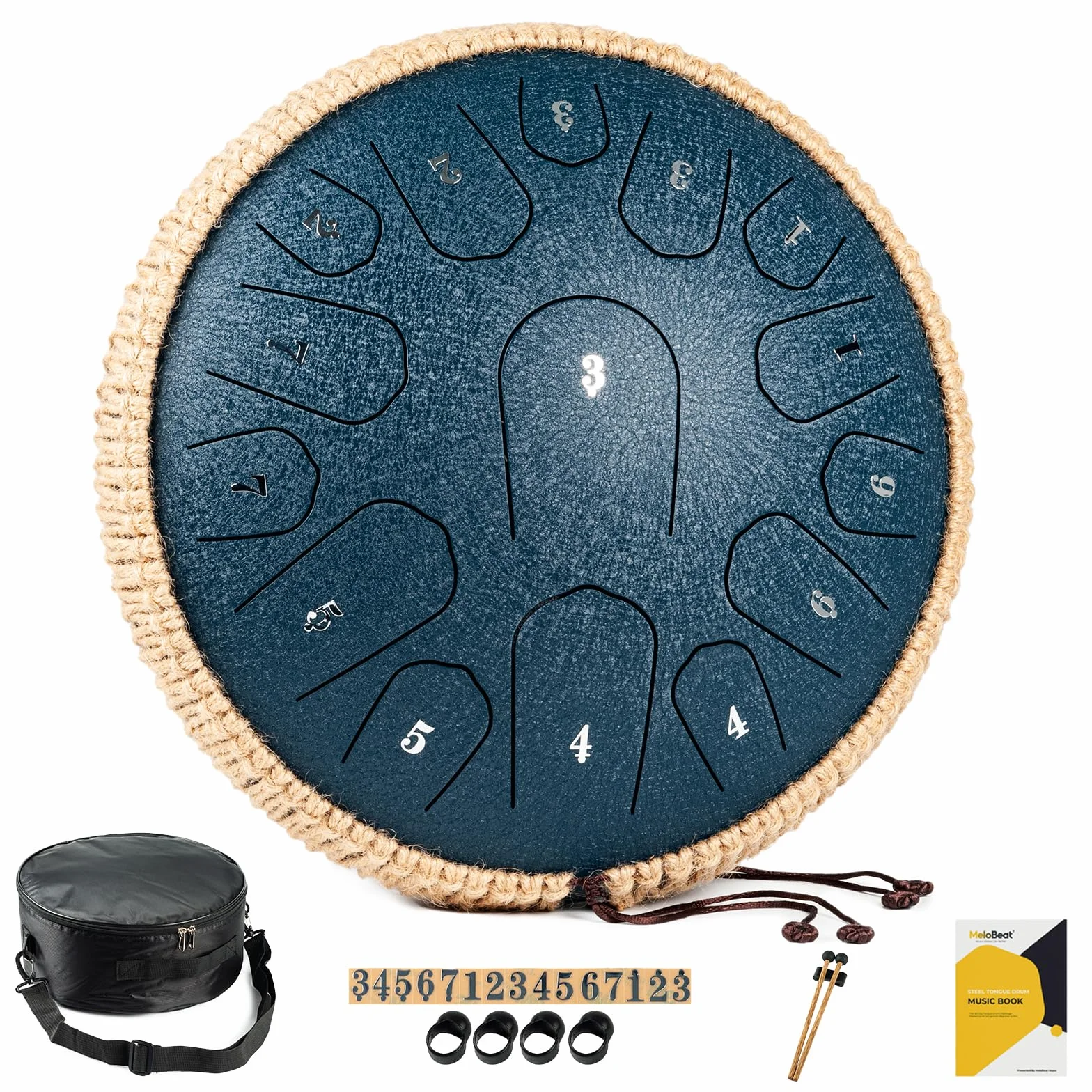 MeloBeat Zungentrommel 13 Zoll 15 Töne D Dur - Steel Tongue Drum Handpan Set inkl. Liederbuch, Schlagzeug Sticks, Tragetasche (Dunkelblau)
