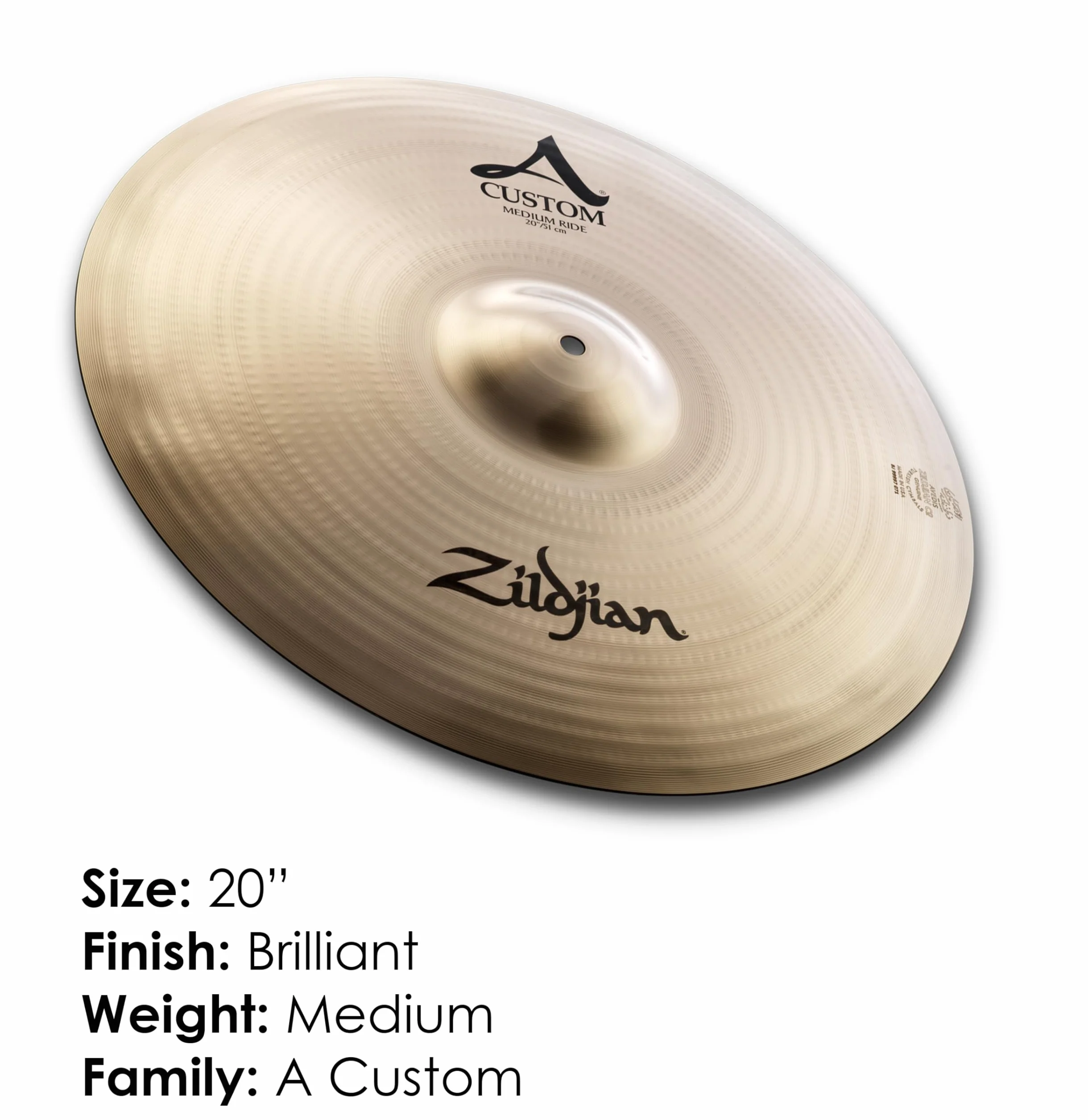 Zildjian A Custom Series - 20" Medium Ride Cymbal - Brilliant Finish, Updated