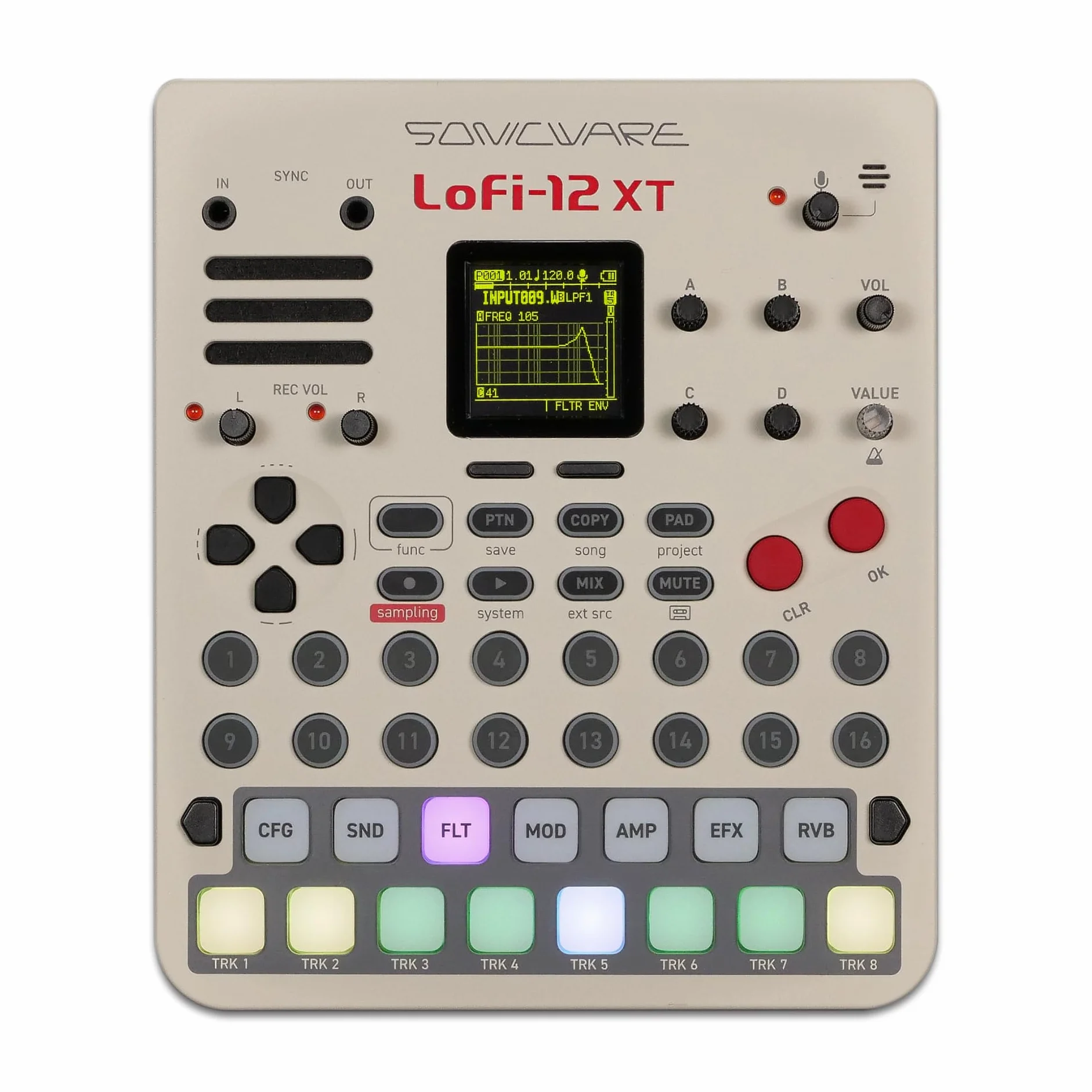 Sonicware Lofi-12 XT [Limitierte Retro Farbe] Retro-Sampling mit 12bit Sampler-Modus, 8-Spur Step-Sequenzer, 26 Effekte, 15 anschlagdynamische Pads mit RGB-LEDs