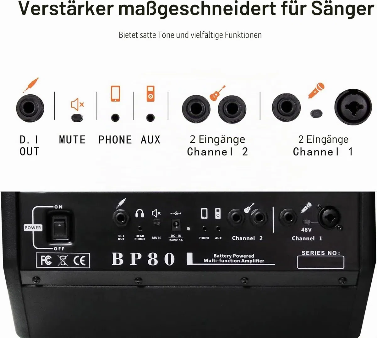 BP80 Batteriebetriebener Akustikgitarren-Verstärker, tragbarer Bluetooth-Lautsprecher, 100 W, 6 Eingänge, 3-Band-EQ, Schwarz