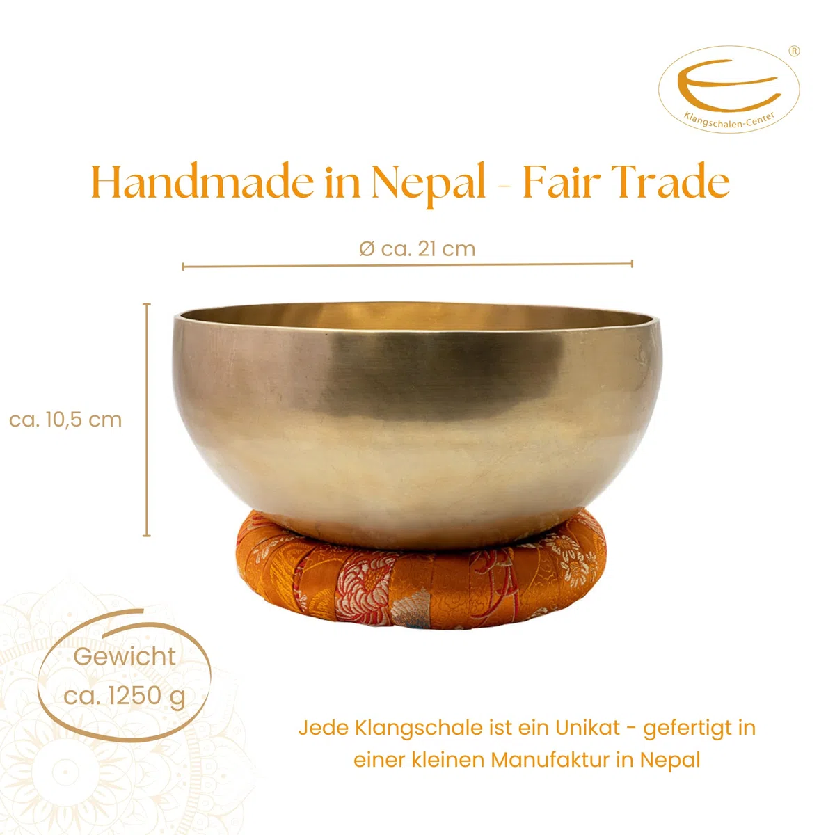 Klangschale im Starterset, 1200-1300 g, handgeschmiedet | Fair Trade aus Nepal, tiefer Klang, inkl. Zubehör und Buch