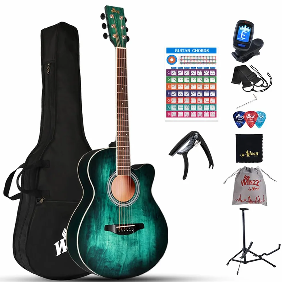 Winzz Akustikgitarre Blau-grün, Westerngitarre 40 Zoll, Gitarre Anfänger Set mit Gitarrenständer, Gitarren Plektrum, Gitarrengurt, Gitarrenstimmgerät, Gitarrentasche