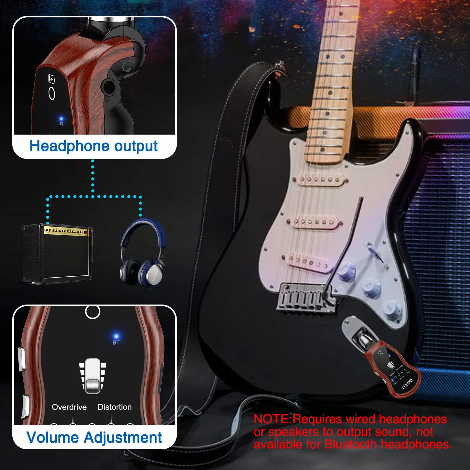Gitarren-Kopfhörer-Verstärker, LEKATO Mini-Gitarrenverstärker, wiederaufladbarer Taschen-Gitarrenverstärker mit Bluetooth, Eingebaute Effekte, Clean Chorus Overdrive Verzerrung und Wah