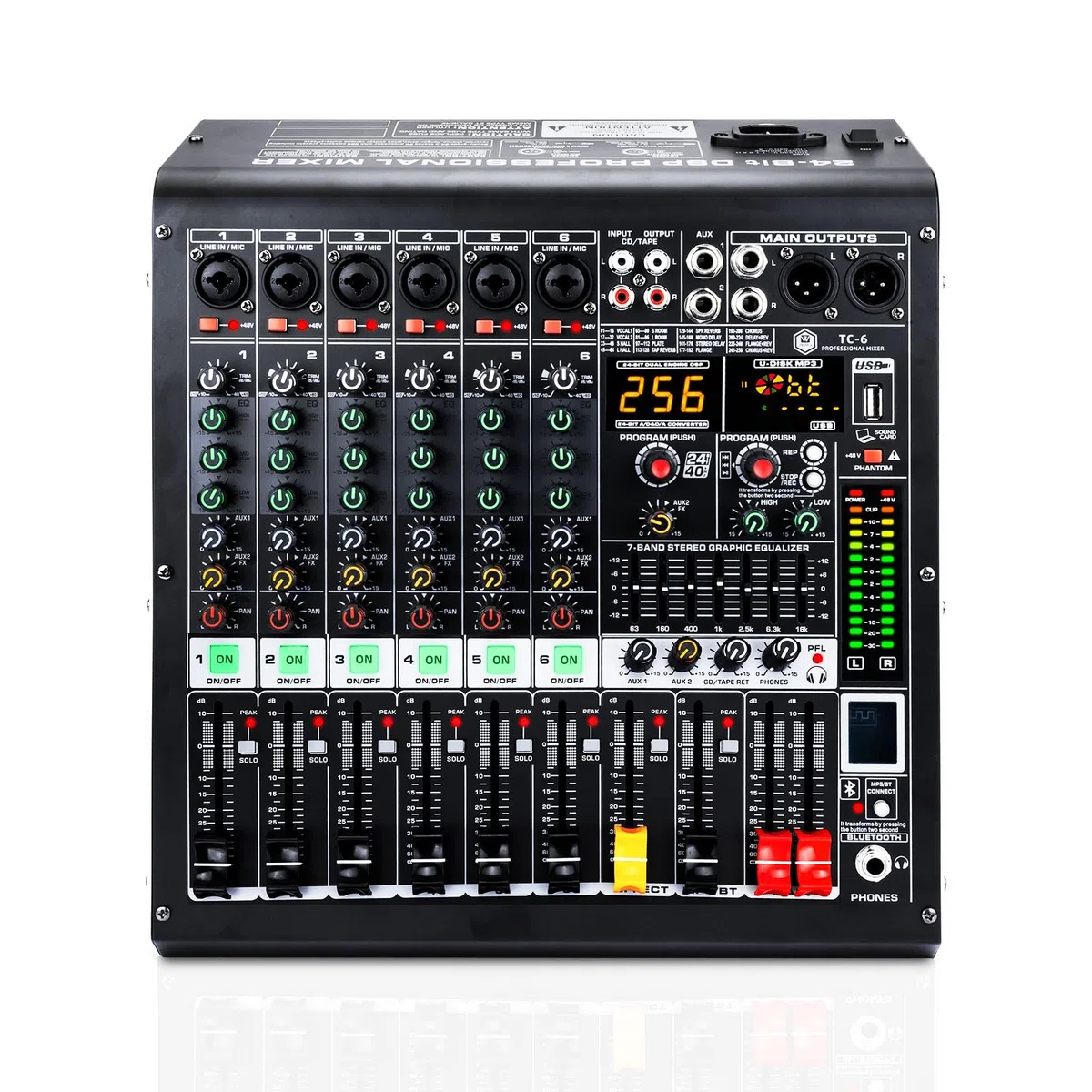 Professioneller 6-Kanal Audio-Mixer mit MP3-Player, Bluetooth, 48 V Phantomspeisung, USB-Aufnahme