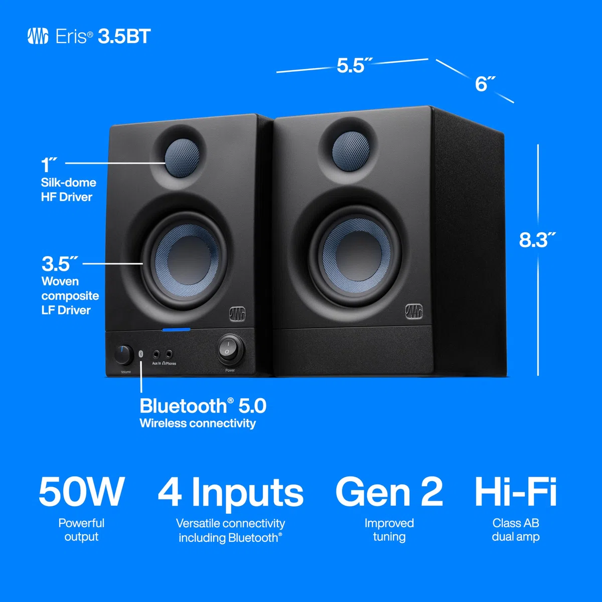 PreSonus Eris 3.5BT Gen 2, 3,5" Studiomonitore - Aktivlautsprecher für Multimedia, Gaming, hochwertige Studio-Musikproduktion mit Bluetooth, 50 W Leistung, Schwarz
