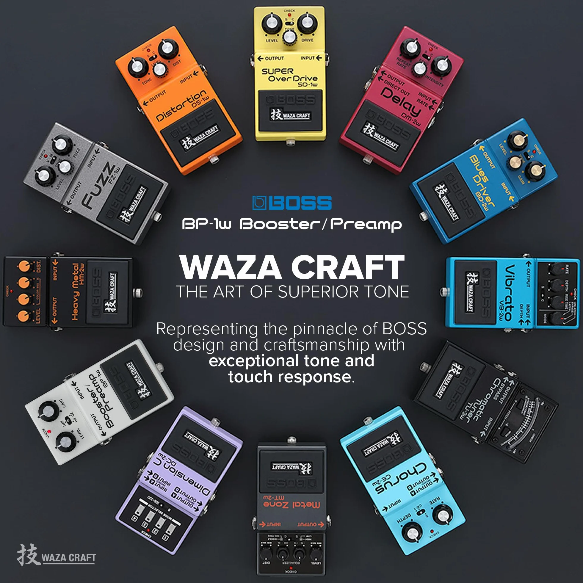 BOSS BP-1W Booster/Preamp, Premium Waza Craft Gitarren-Effektpedal mit analoger Schaltung, Vintage-Sounds CE-1 Chorus Ensemble & Roland RE-201 Space Echo, Standard- & Vintage-Buffer