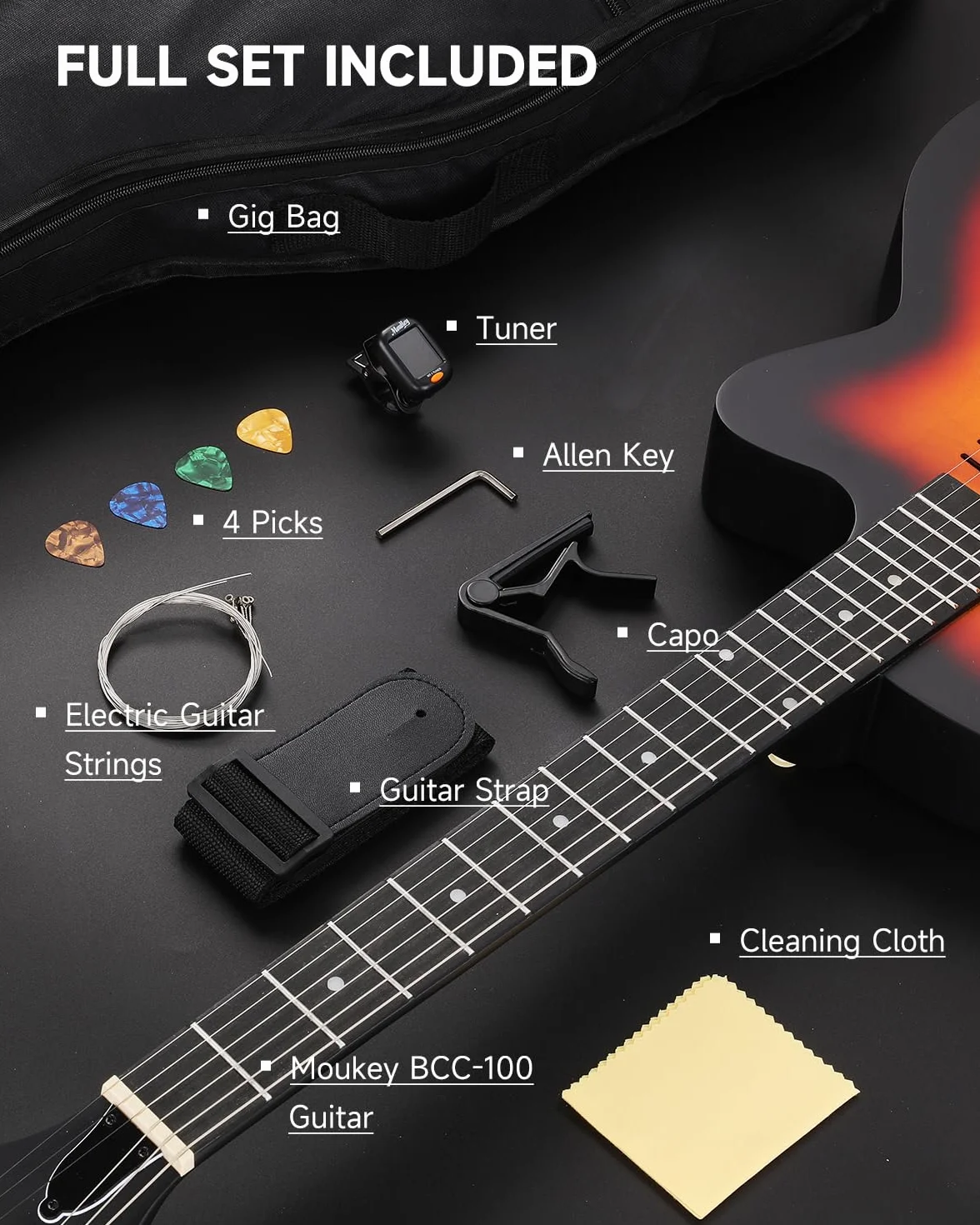 Moukey BCC-100 39 Zoll Akustik-E-Gitarre, Cutaway-Gitarre mit passivem Tonabnehmer, Gigbag, Gurt, Plektren, Stimmgerät und Kapodaster, Dual-Akustik- und Elektro-Modus, Sunburst