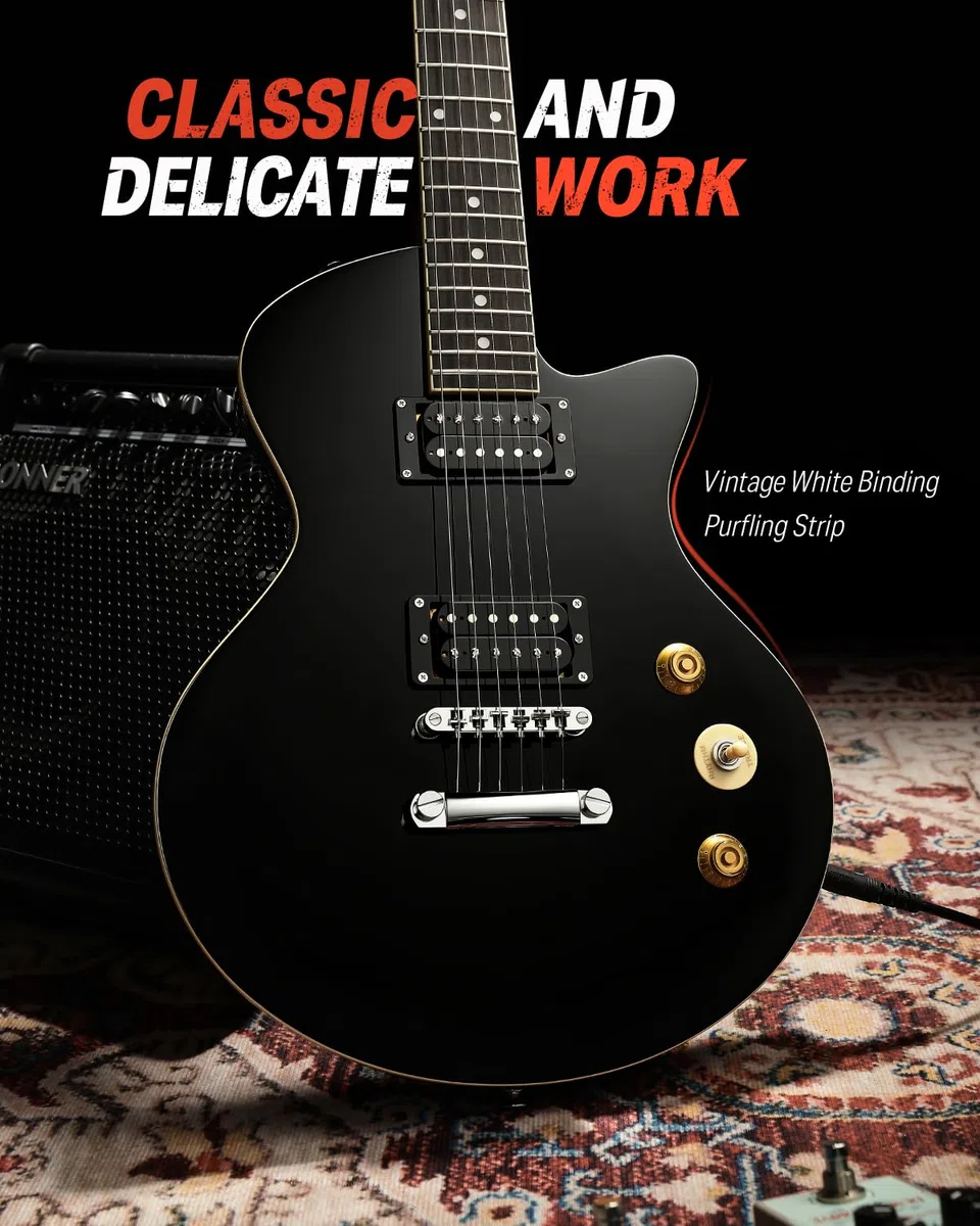 Donner DSC-128 E-Gitarren-Anfängerset 39" Schwarz – Volle Größe, massiver Erlenkorpus, H-H-Tonabnehmer, C-förmiger Hals, inkl. Gigbag, ideal für High-Gain Rock