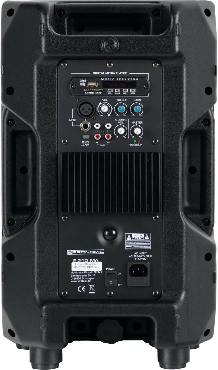 Pronomic E-210 MA Stereo Set - 2 aktive 2-Wege Boxen - Leistung: 2X 100 Watt (RMS) - 10" Woofer + 1,0" Kompressions-Treiber - Bluetooth-Empfänger und MP3-Player mit USB/SD - Monitorschräge