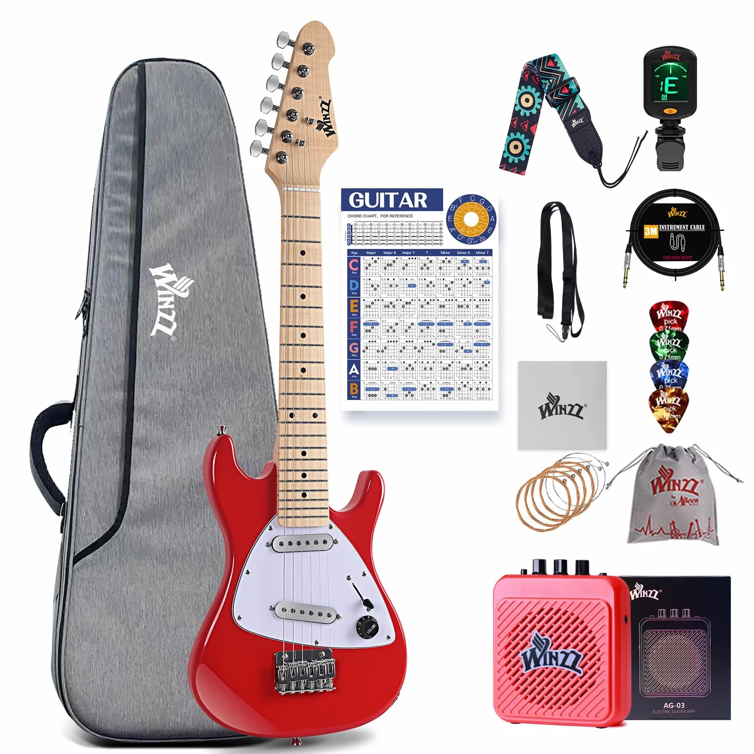 Winzz 30-Zoll-E-Gitarren-Einsteiger-Set für Kinder, Junior-E-Gitarre im Mini-Format (1/4 Größe) für Kinder, Komplettset für Einsteiger mit Verstärker, Glänzende Rote Farbe