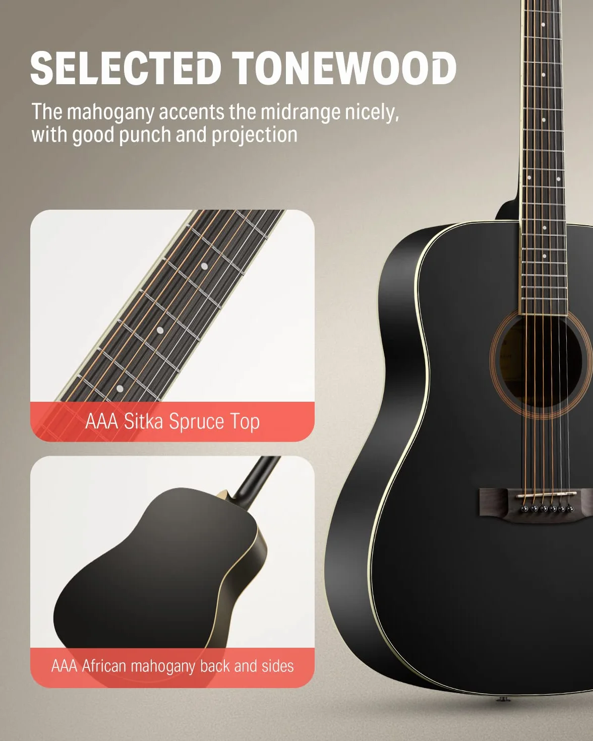 Donner Akustikgitarre Set in voller Größe Akustik Gitarre 4/4 Dreadnought Anfänger Erwachsene 41 Zoll mit Gigbag Capo Plektren Gurt Saiten (Schwarz)
