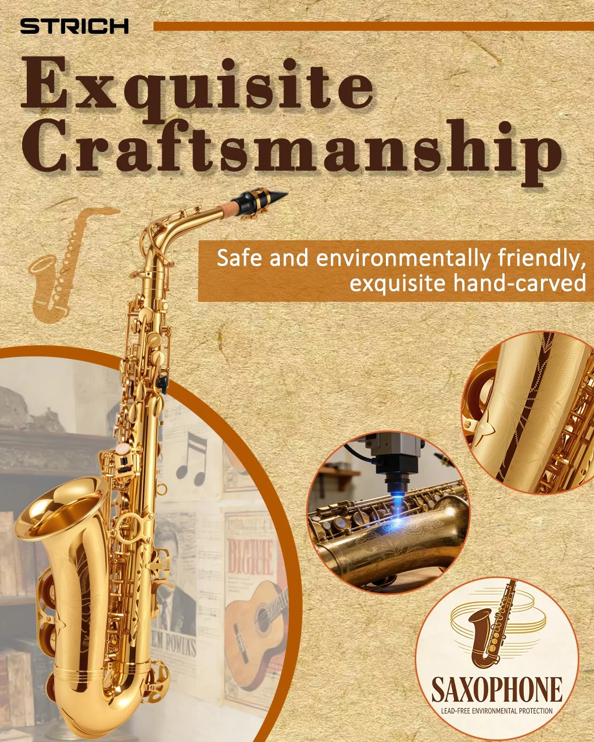 STRICH SSA-31G Eb-Altsaxophon Messing Einsteiger-Set mit Hartschalenkoffer, Ständer, Tragegurt, Mundstück und Blättern