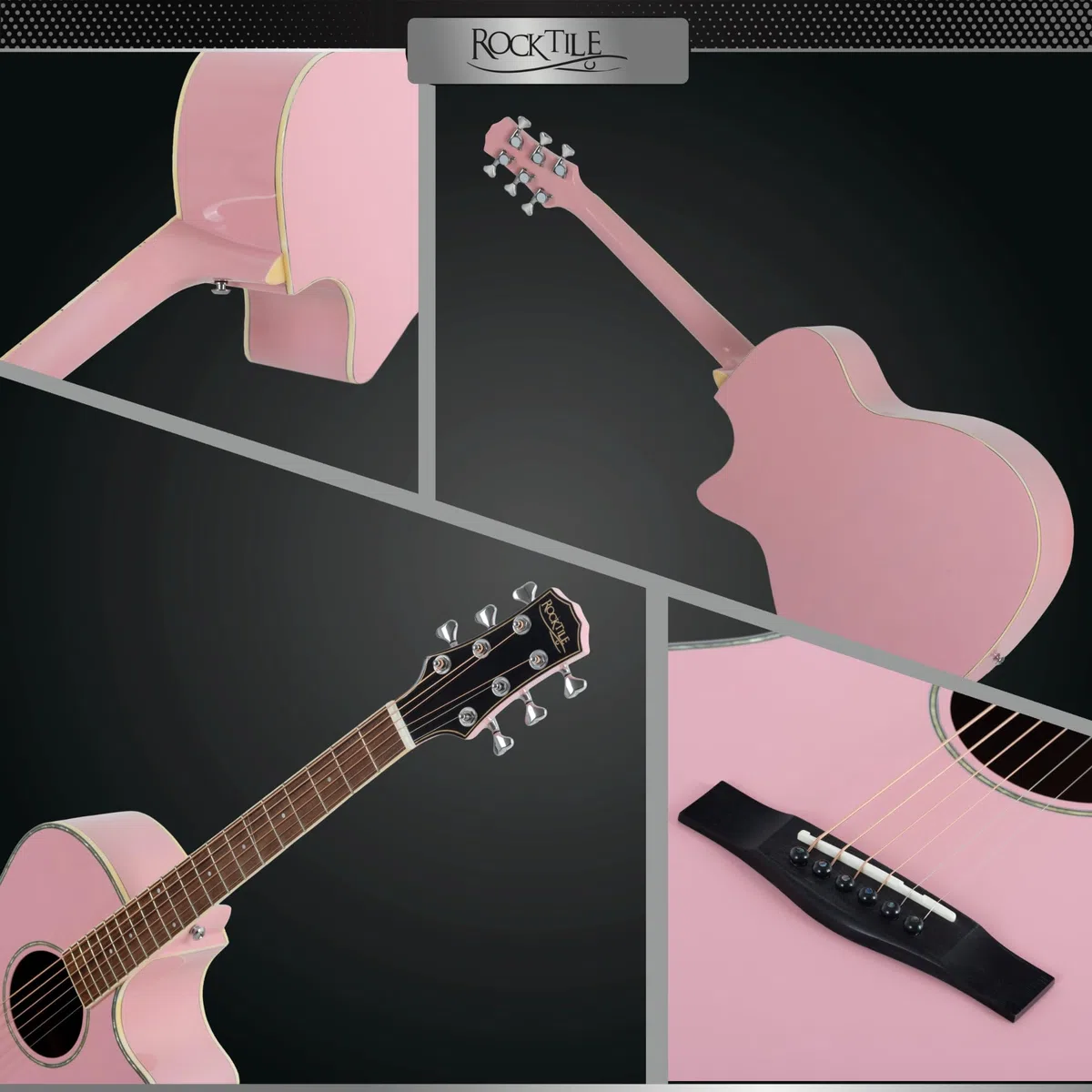 Rocktile WSC-150C-PK Westerngitarre - 6-saitige Grand Auditorium Akustikgitarre mit Cutaway - massive Fichtendecke & Mahagoni-Korpus - Palisandergriffbrett - Gloss Finish - Pink