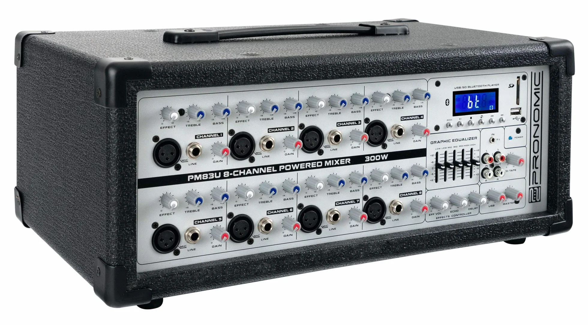 Pronomic PM83U 8-Kanal Powermischer mit USB/SD/Bluetooth MP3-Player (Live Mischpult mit integriertem Verstärker, Digitales Effektgerät, 300W)