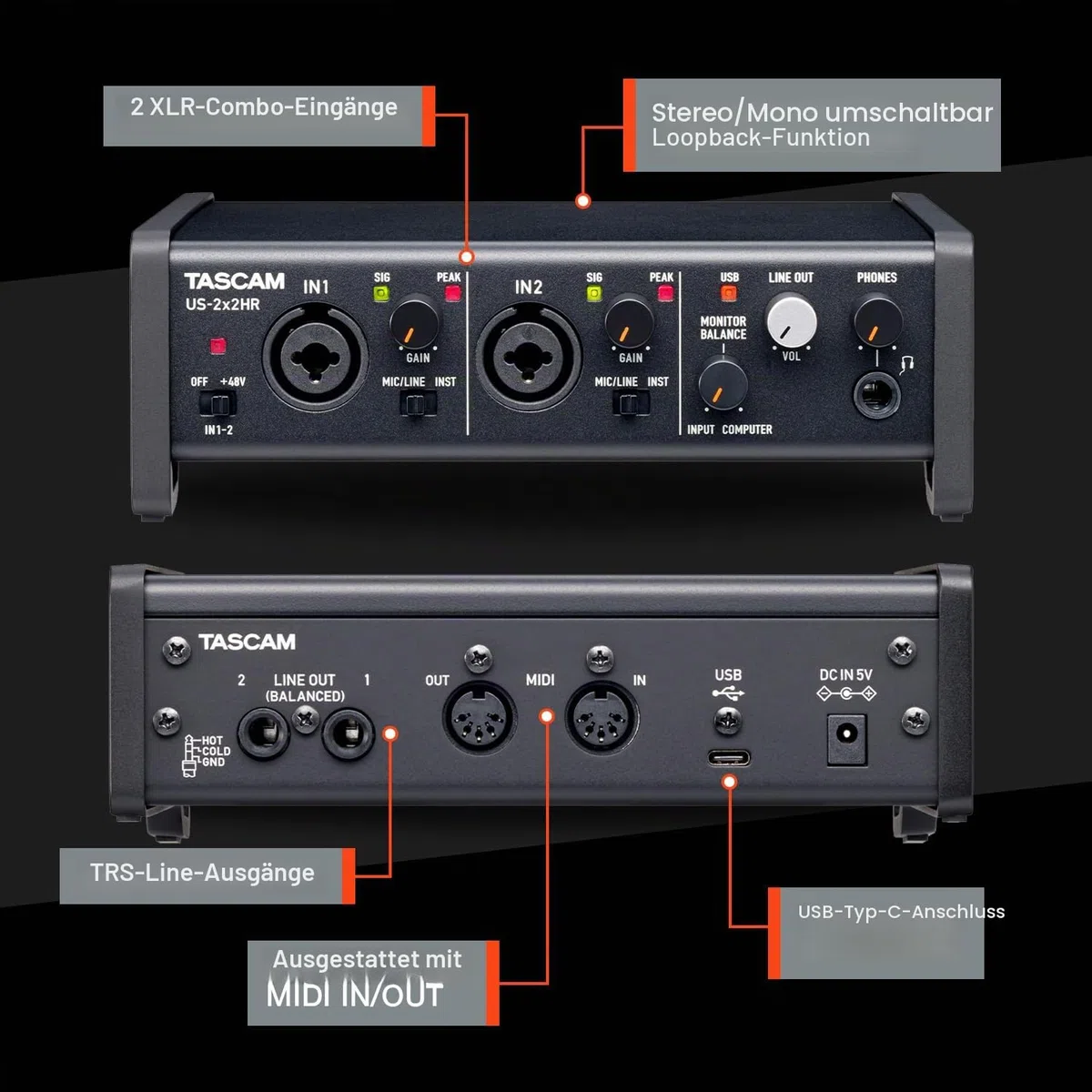 Tascam US-2X2HR USB-Audio-/MIDI-Interface (2 Eingänge, 2 Ausgänge)