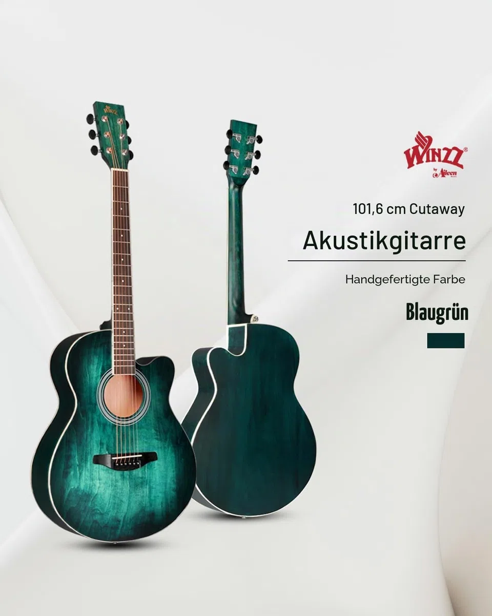 Winzz Akustikgitarre Blau-grün, Westerngitarre 40 Zoll, Gitarre Anfänger Set mit Gitarrenständer, Gitarren Plektrum, Gitarrengurt, Gitarrenstimmgerät, Gitarrentasche