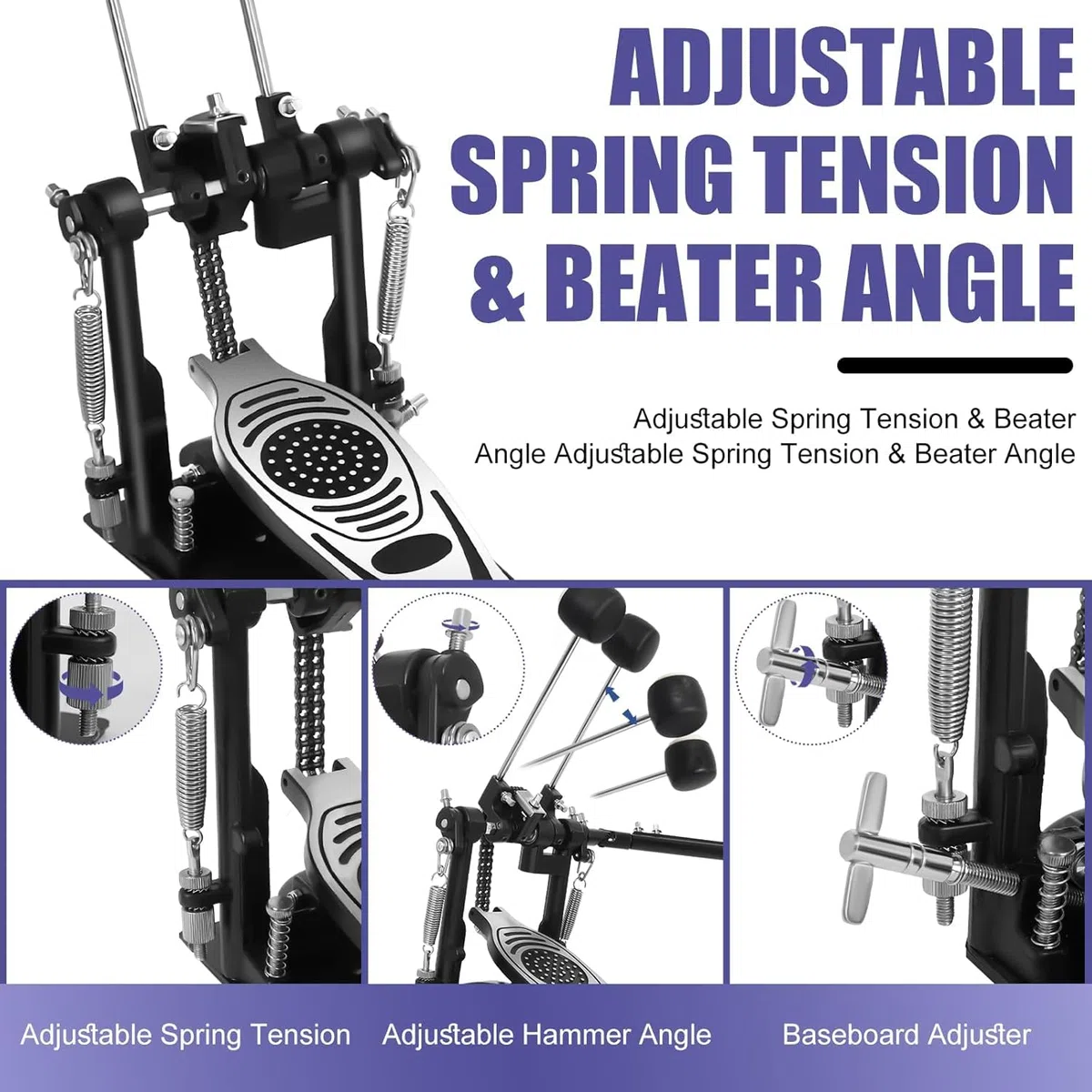 Doppel Bassdrum Pedal mit Doppelkettenantrieb, Kick-Pedal mit einstellbarer Feder- & Schlägelspannung, rutschfeste Bodenplatte, kompatibel mit akustischen & elektronischen Drumsets