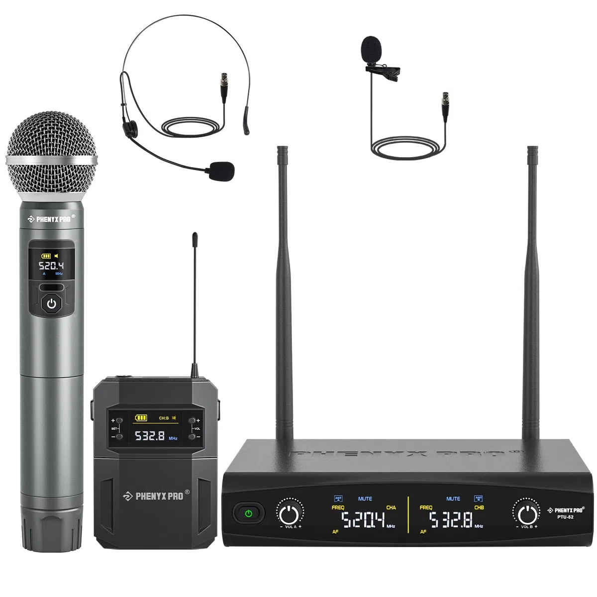 Phenyx Pro Kabelloses Mikrofon-Set mit Handmikrofon/Bodypack/Headset/Lavalier-Mikrofonen, 2x30 UHF-Frequenzen, ideal für Gesang, Karaoke, Kirche, DJ (PTU-52B)