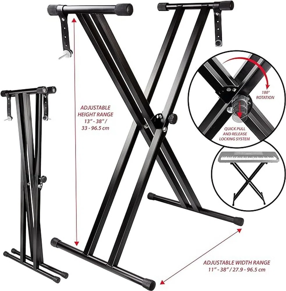 Yamaha P-225 Digital Piano, Schwarz & RockJam Double Braced Adjustable Keyboard Stand with Locking Straps