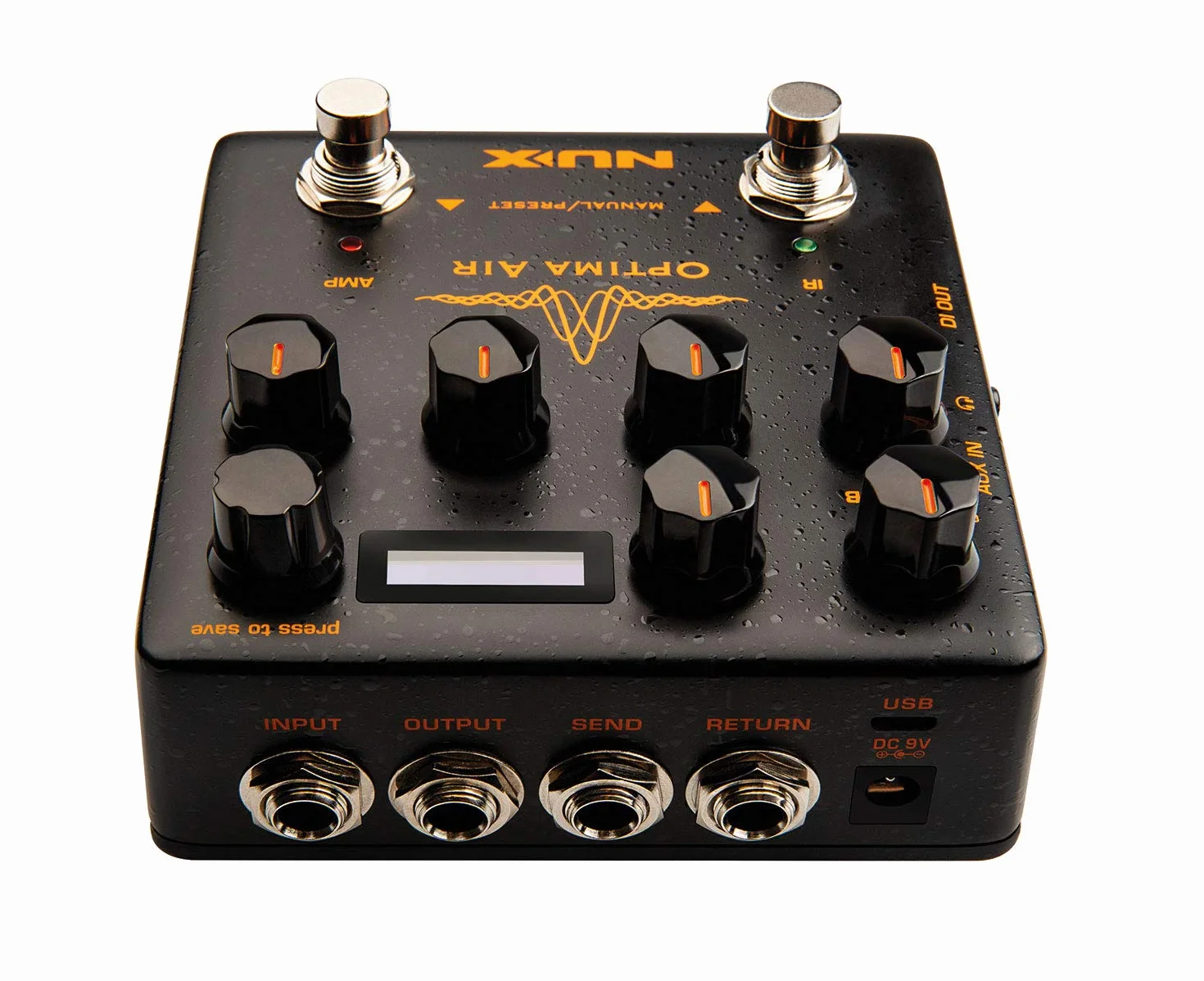 Nux NAI-5 Optima Air, Akustikgitarren-Simulator (mit 2 Schaltern und 1 Vorverstärker, 3 Band-EQ, Gain control, Reverb, IR und AMP Footswitch, Micro B USB Port, 3,5mm In-und Output), Schwarz/Orange