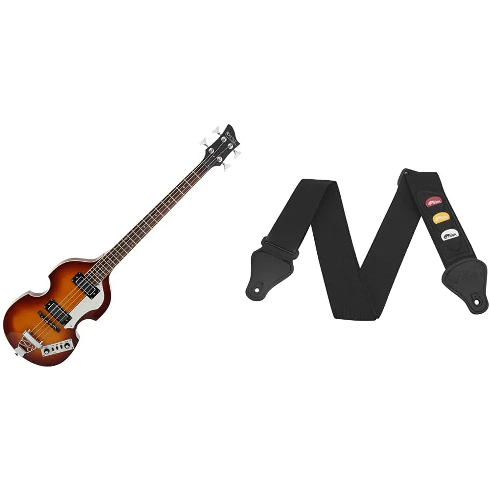Rocktile VB-1 "Sir Paul" Vintage Beatbass (Violinbass, Bassgitarre, Hollowbody, 2 Humbucker) sunburst & Tiger Gitarrengurt mit Plektronhalter, Schwarz