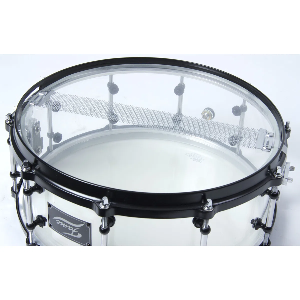 Fame Acryl Snare Drum, 14"x5.5", Transparent Clear, Black HW, Stahl Spannreifen, Tube Style Böckchen, Preisbrecher, Erstaunliche Resonanz und Optik"