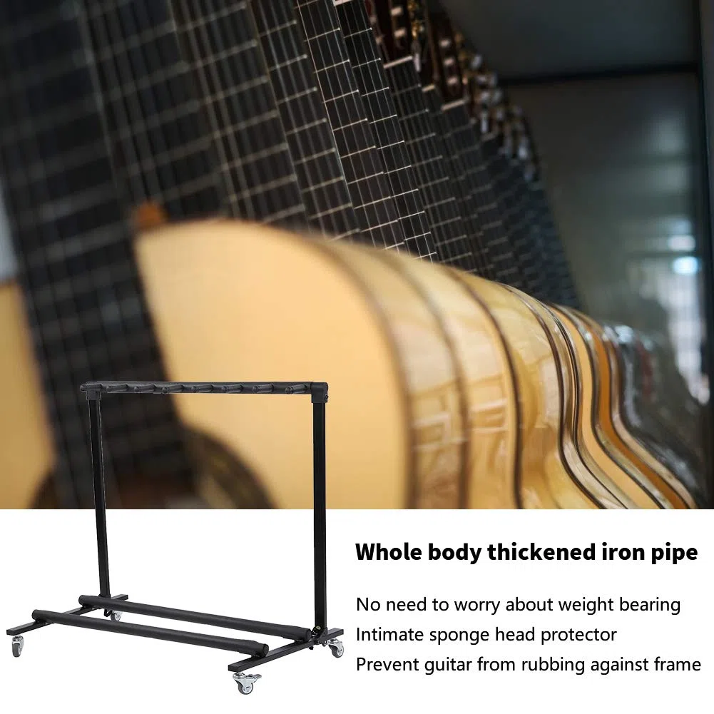 Asixxsix Mehrere Gitarrenständer, Tragbarer Instrumentenständer mit Drehbaren Rädern und Rutschfester Basis für Akustikgitarren, E-Gitarren und Bässe (FL-17L 7 Köpfe)