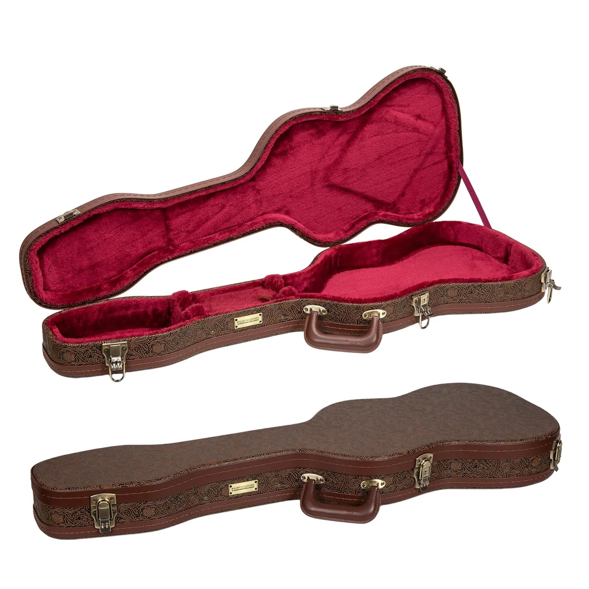 Crossrock Konturierter Koffer für E-Gitarren aus Holz für Fender Stratocaster und Telecaster, Blütenbraunes Finish, burgunderroter Samt-Innenraum, Schloss – Designer-Serie (CRW530STBQ)